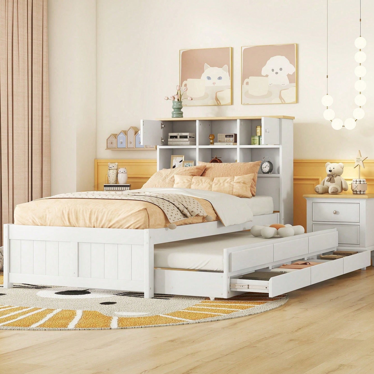 90*200cm Flachbett mit mehreren Staufächern am Kopfende des Bettes, ausgestattet mit ausziehbares Rollbett, drei Schubladen, weiß