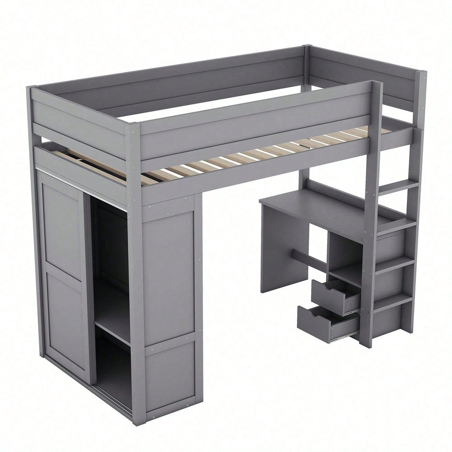 90*200cm Hochbett, vielseitiges Kinderbett, ausgestattet mit Kleiderschrank, Schreibtisch und Schubladen, weiß