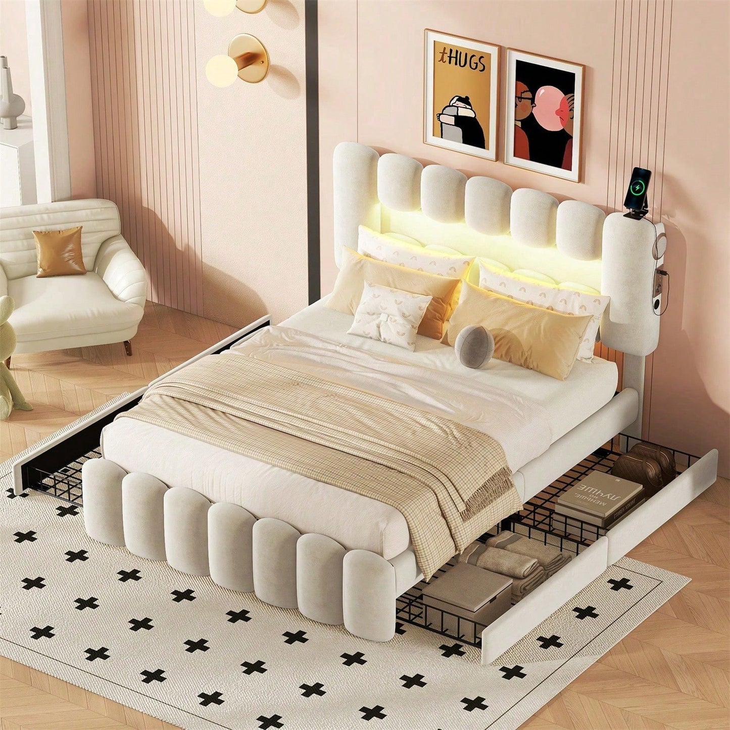 140 x 200 Polsterbett, Polsterbett mit 4 Schubladen, Polsterbet Bett mit LED-Lichtleiste mit USB und Stereoanlage, Beige