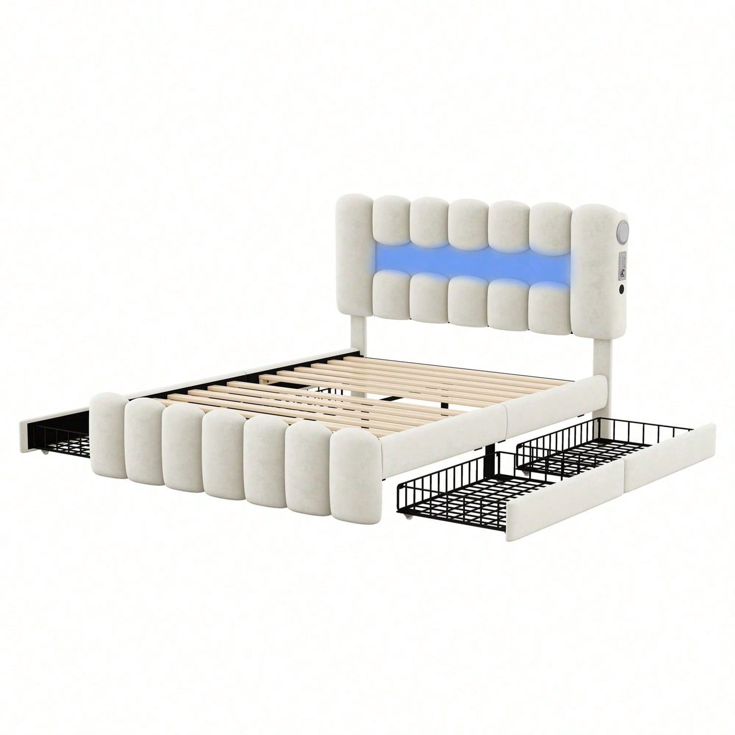 140 x 200 Polsterbett, Polsterbett mit 4 Schubladen, Polsterbet Bett mit LED-Lichtleiste mit USB und Stereoanlage, Beige