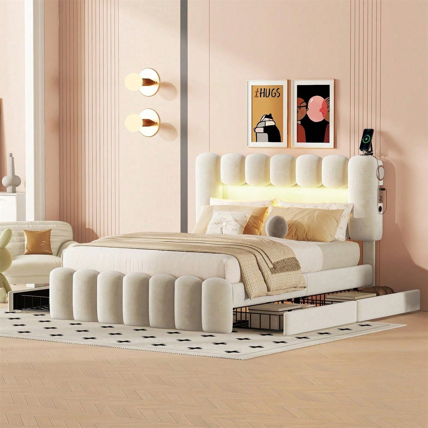 140 x 200 Polsterbett, Polsterbett mit 4 Schubladen, Polsterbet Bett mit LED-Lichtleiste mit USB und Stereoanlage, Beige