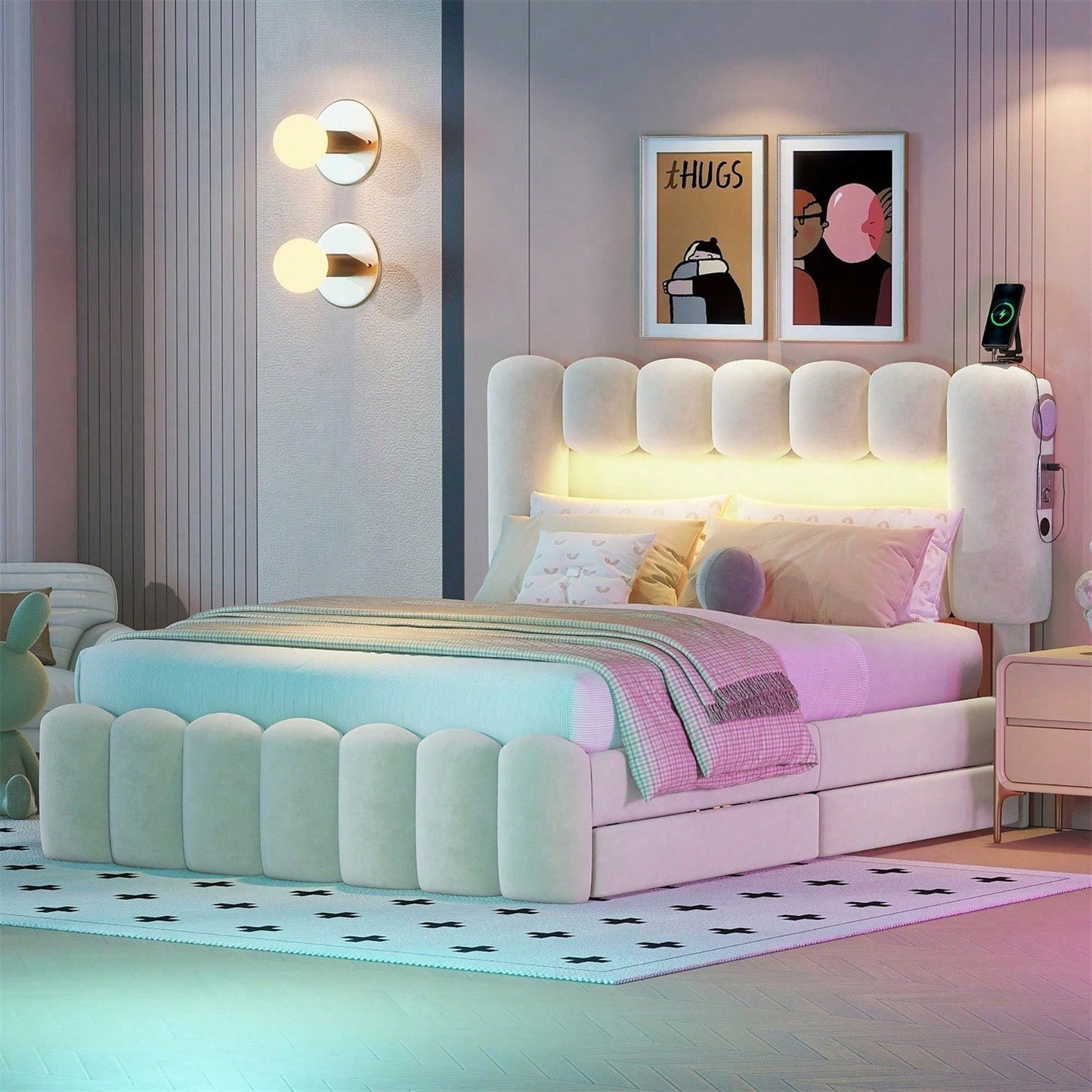 140 x 200 Polsterbett, Polsterbett mit 4 Schubladen, Polsterbet Bett mit LED-Lichtleiste mit USB und Stereoanlage, Beige