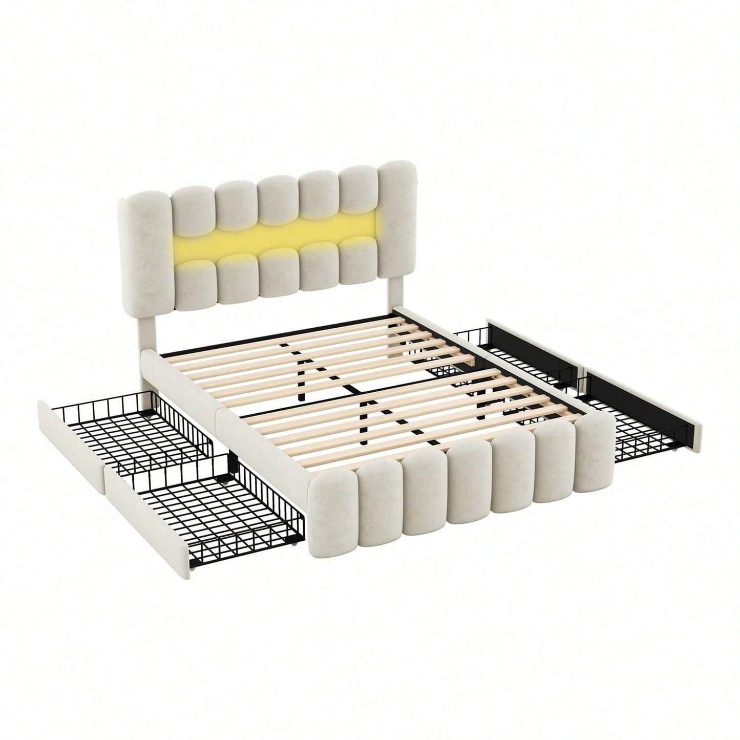 140 x 200 Polsterbett, Polsterbett mit 4 Schubladen, Polsterbet Bett mit LED-Lichtleiste mit USB und Stereoanlage, Beige