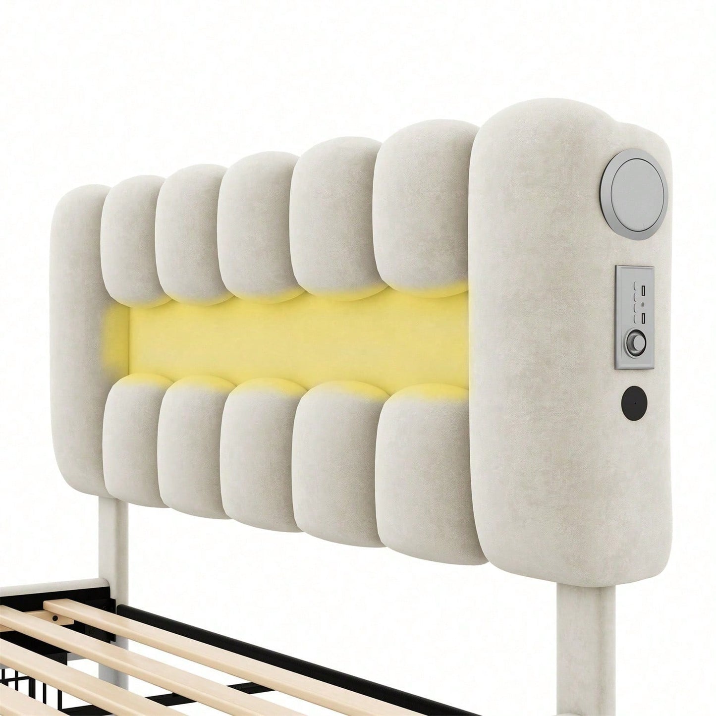 140 x 200 Polsterbett, Polsterbett mit 4 Schubladen, Polsterbet Bett mit LED-Lichtleiste mit USB und Stereoanlage, Beige