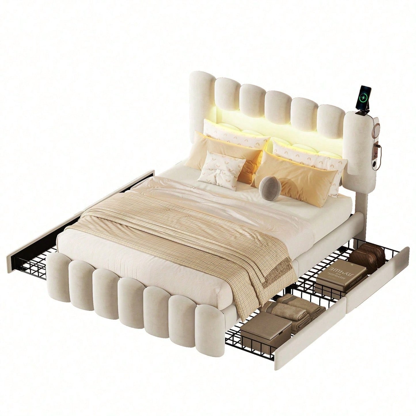 140 x 200 Polsterbett, Polsterbett mit 4 Schubladen, Polsterbet Bett mit LED-Lichtleiste mit USB und Stereoanlage, Beige