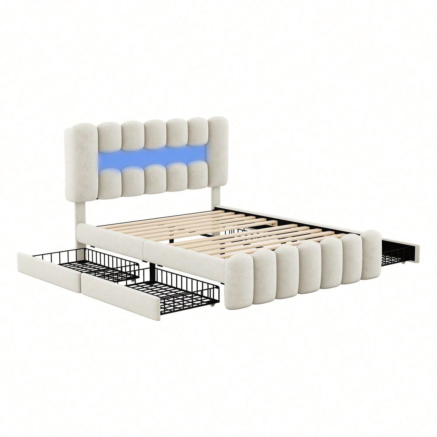 140 x 200 Polsterbett, Polsterbett mit 4 Schubladen, Polsterbet Bett mit LED-Lichtleiste mit USB und Stereoanlage, Beige