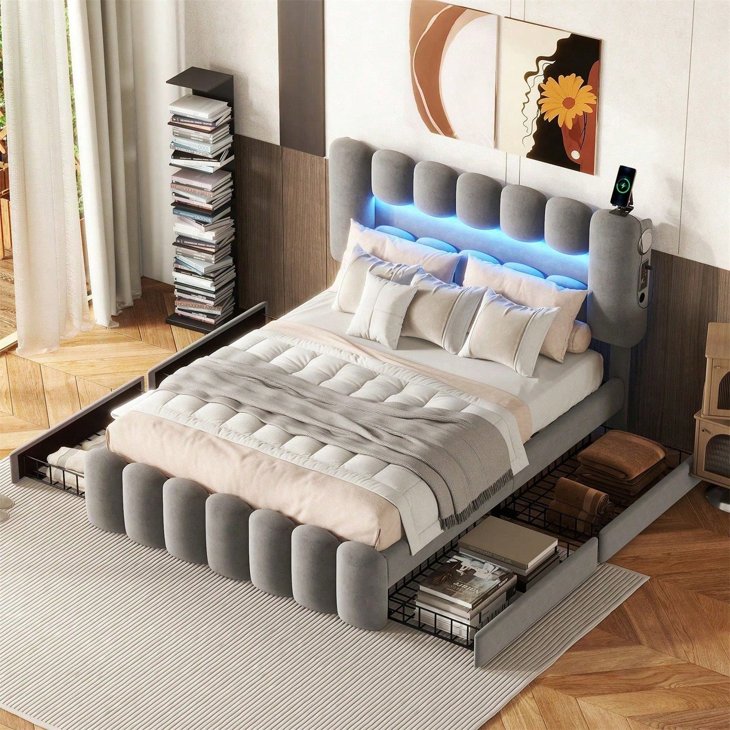 140 x 200 Polsterbett, Polsterbett mit 4 Schubladen, Polsterbet Bett mit LED-Lichtleiste mit USB und Stereoanlage, Beige
