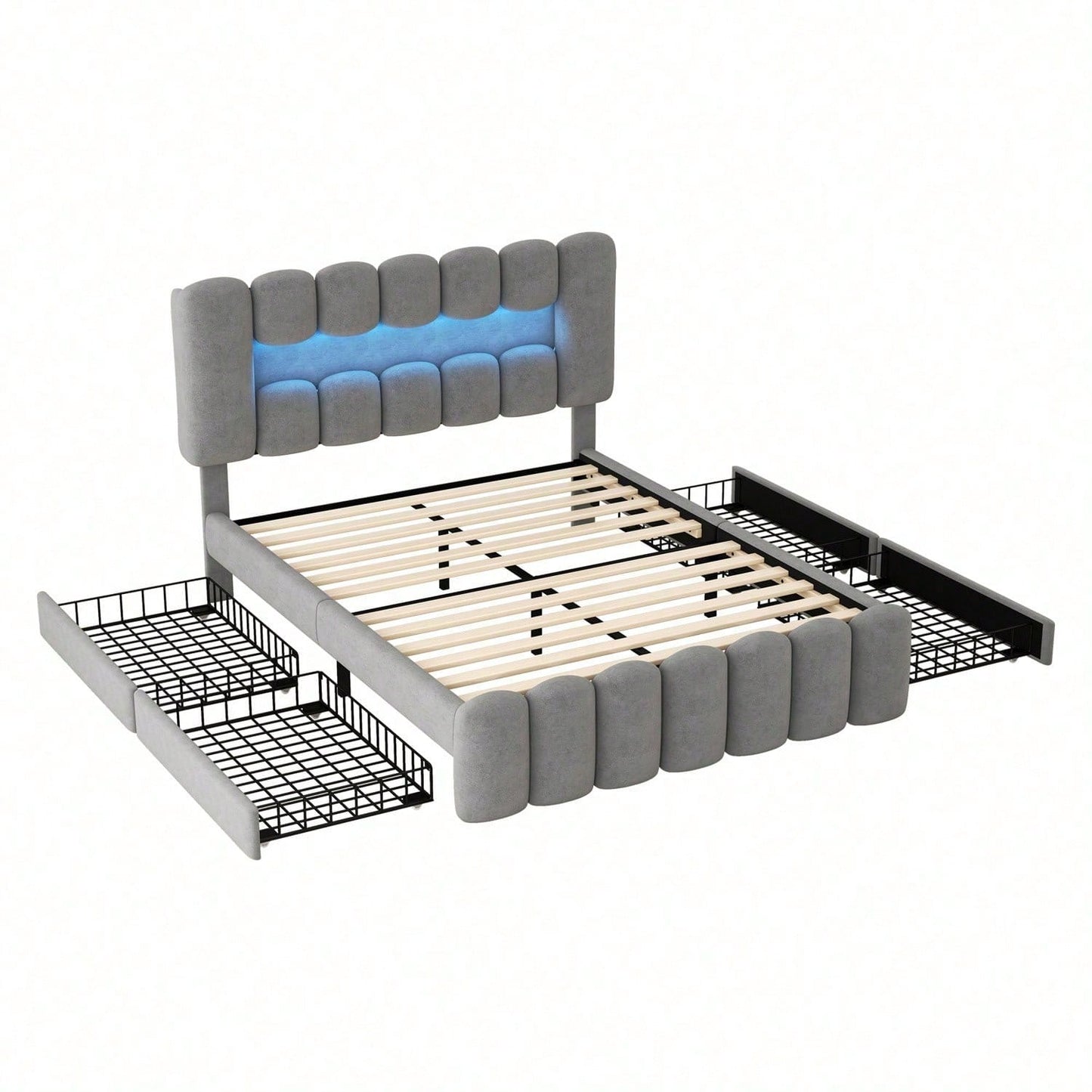 140 x 200 Polsterbett, Polsterbett mit 4 Schubladen, Polsterbet Bett mit LED-Lichtleiste mit USB und Stereoanlage, Beige