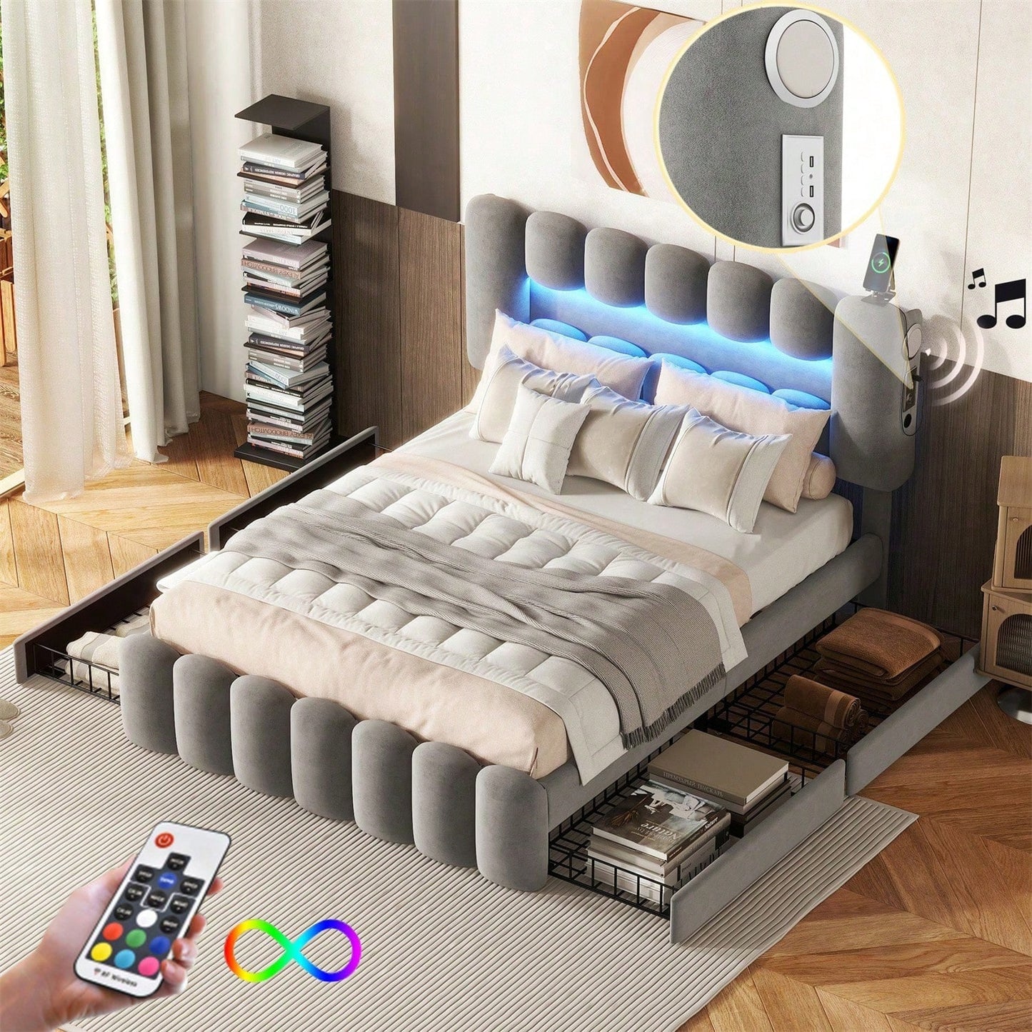 140 x 200 Polsterbett, Polsterbett mit 4 Schubladen, Polsterbet Bett mit LED-Lichtleiste mit USB und Stereoanlage, Beige