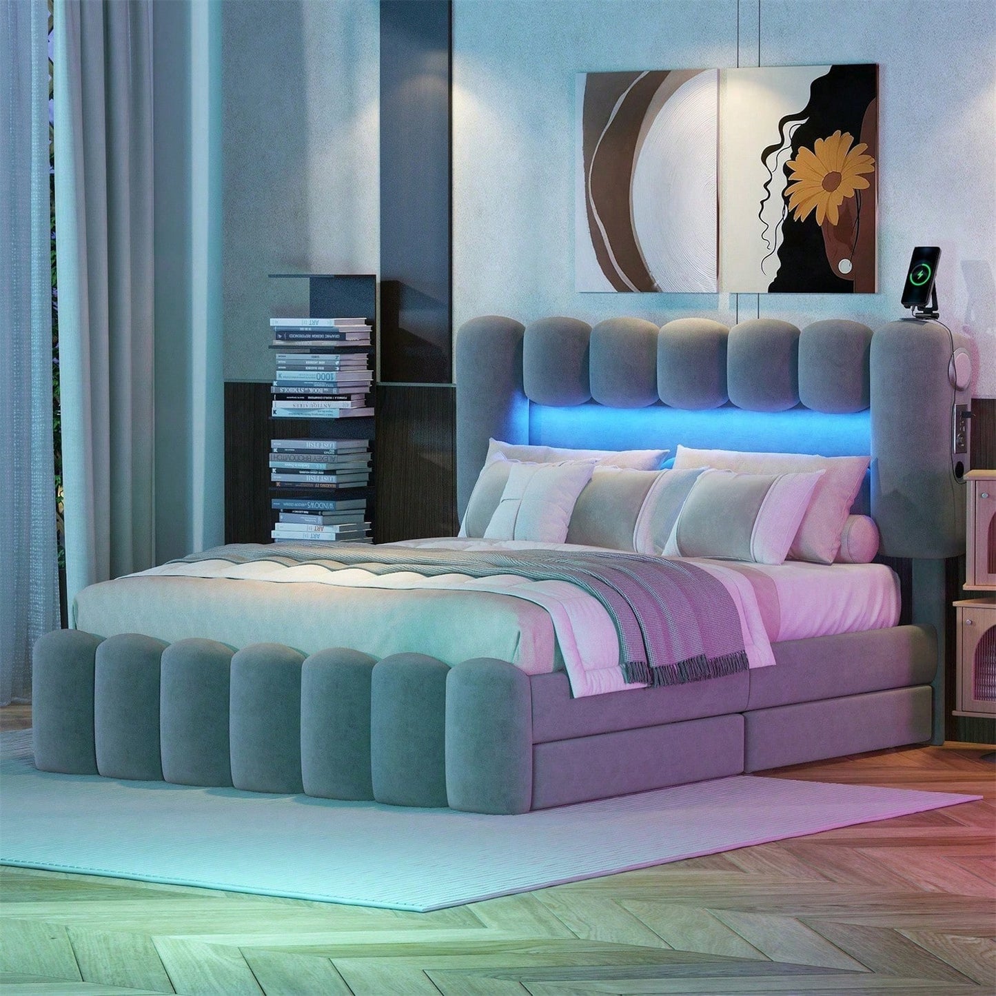 140 x 200 Polsterbett, Polsterbett mit 4 Schubladen, Polsterbet Bett mit LED-Lichtleiste mit USB und Stereoanlage, Beige