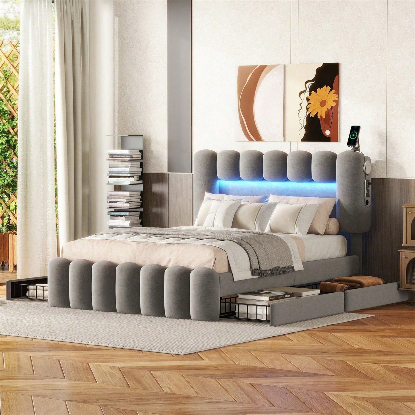 140 x 200 Polsterbett, Polsterbett mit 4 Schubladen, Polsterbet Bett mit LED-Lichtleiste mit USB und Stereoanlage, Beige