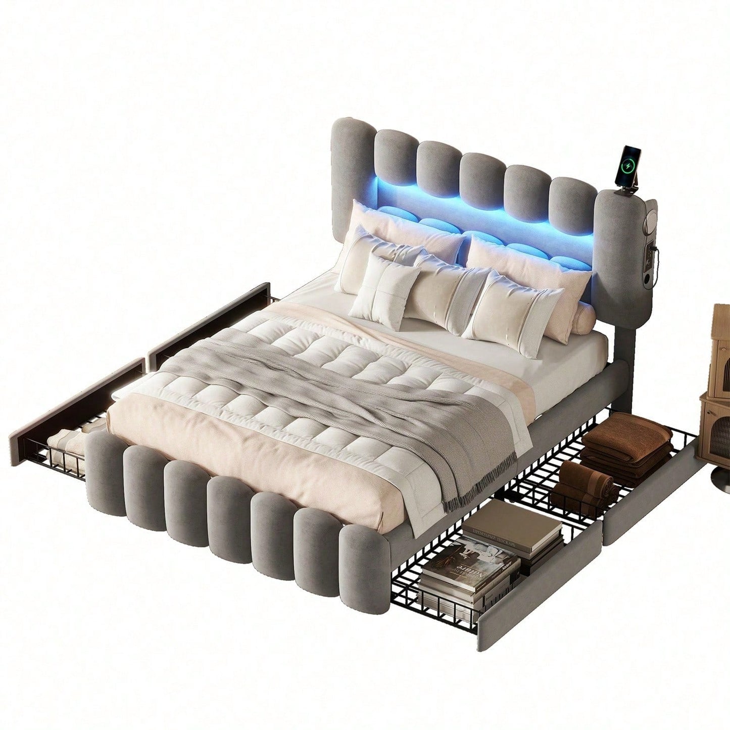 140 x 200 Polsterbett, Polsterbett mit 4 Schubladen, Polsterbet Bett mit LED-Lichtleiste mit USB und Stereoanlage, Beige