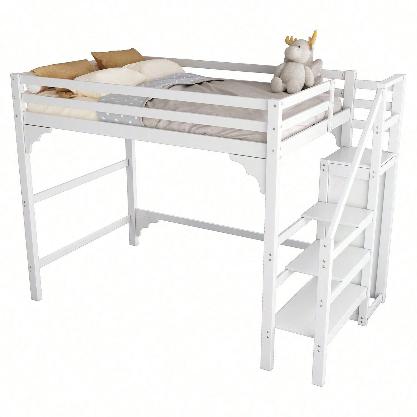 140*200cm Hochbett mit Lattenrost, mit Stufentreppe, mit Kleiderschrank, Jugendbett, Stauraum.Weiß