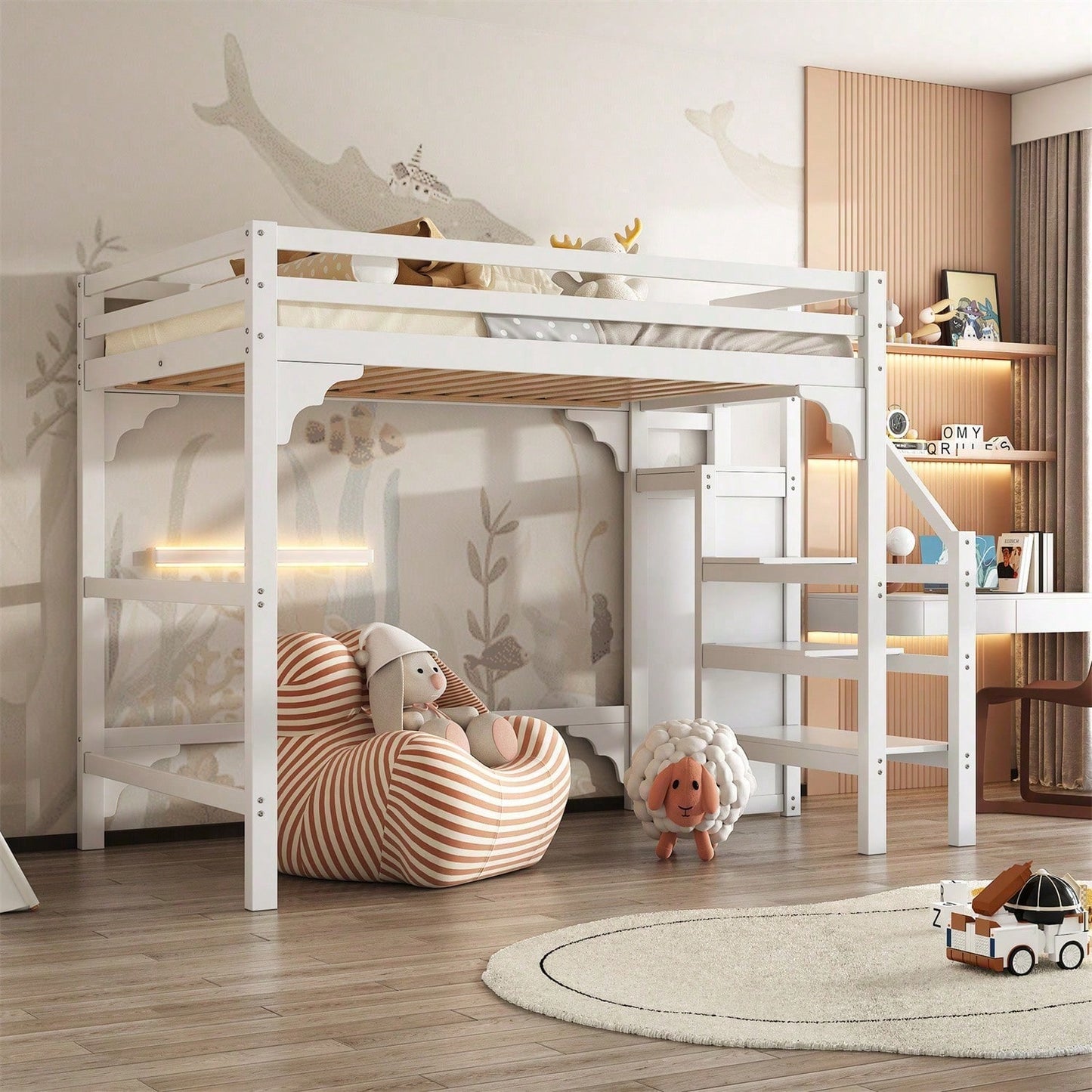 140*200cm Hochbett mit Lattenrost, mit Stufentreppe, mit Kleiderschrank, Jugendbett, Stauraum.Weiß