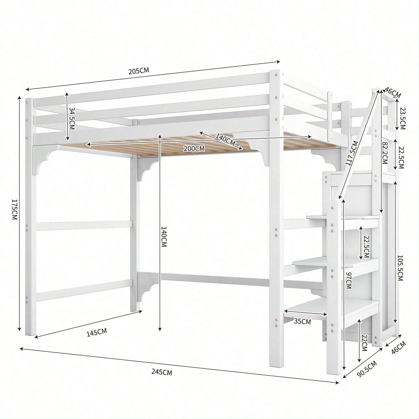 140*200cm Hochbett mit Lattenrost, mit Stufentreppe, mit Kleiderschrank, Jugendbett, Stauraum.Weiß