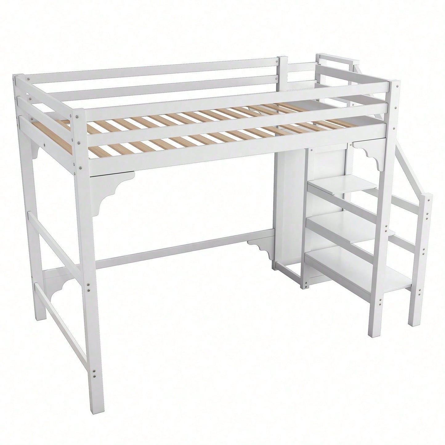 140*200cm Hochbett mit Lattenrost, mit Stufentreppe, mit Kleiderschrank, Jugendbett, Stauraum.Weiß