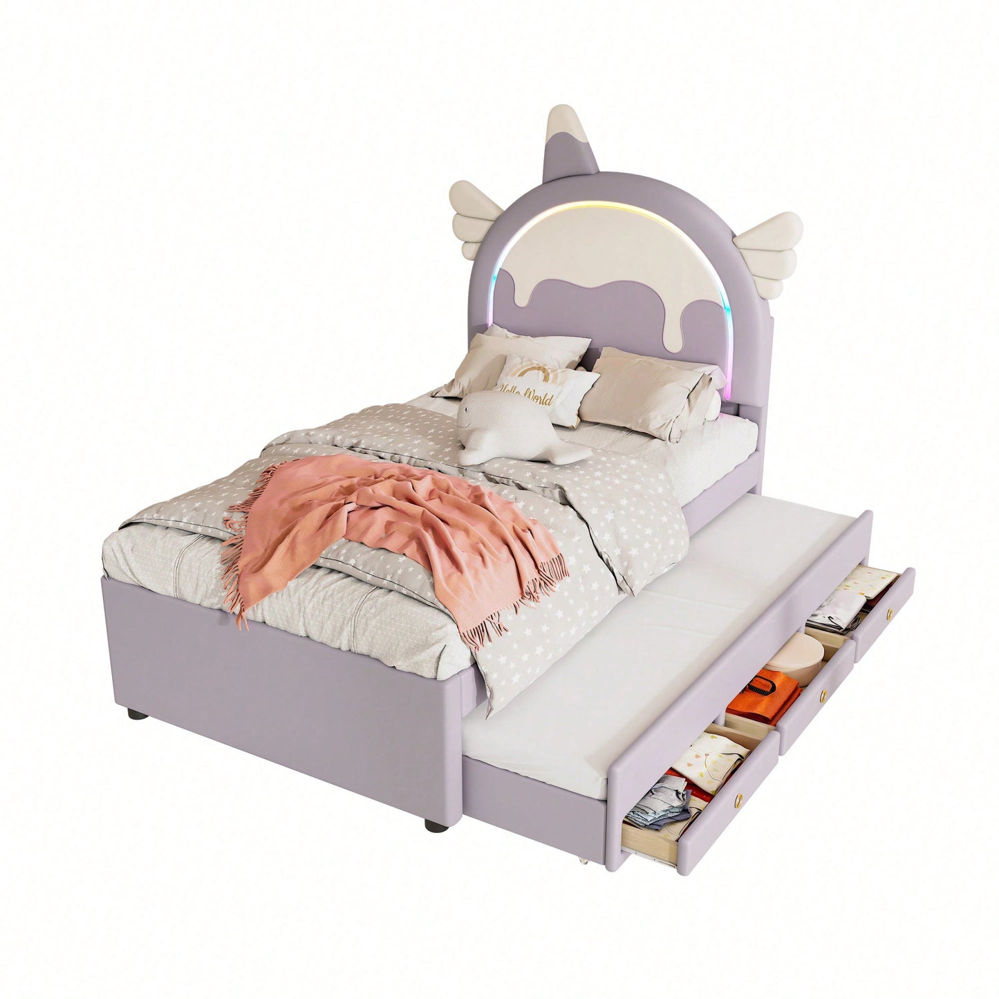 90*200cm Cartoon Kinderbett, Einhornform, ausgestattet mit ausziehbares rollbett, PU-Material,Violett