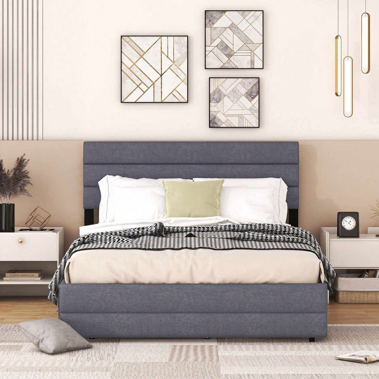 140 x 200 Plattformbett mit Räummaschine für zwei Personen und zwei Schubladen, Grau