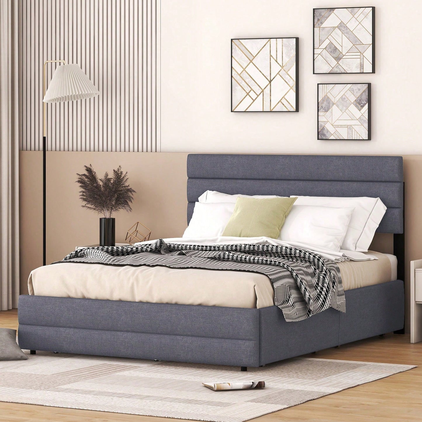 140 x 200 Plattformbett mit Räummaschine für zwei Personen und zwei Schubladen, Grau