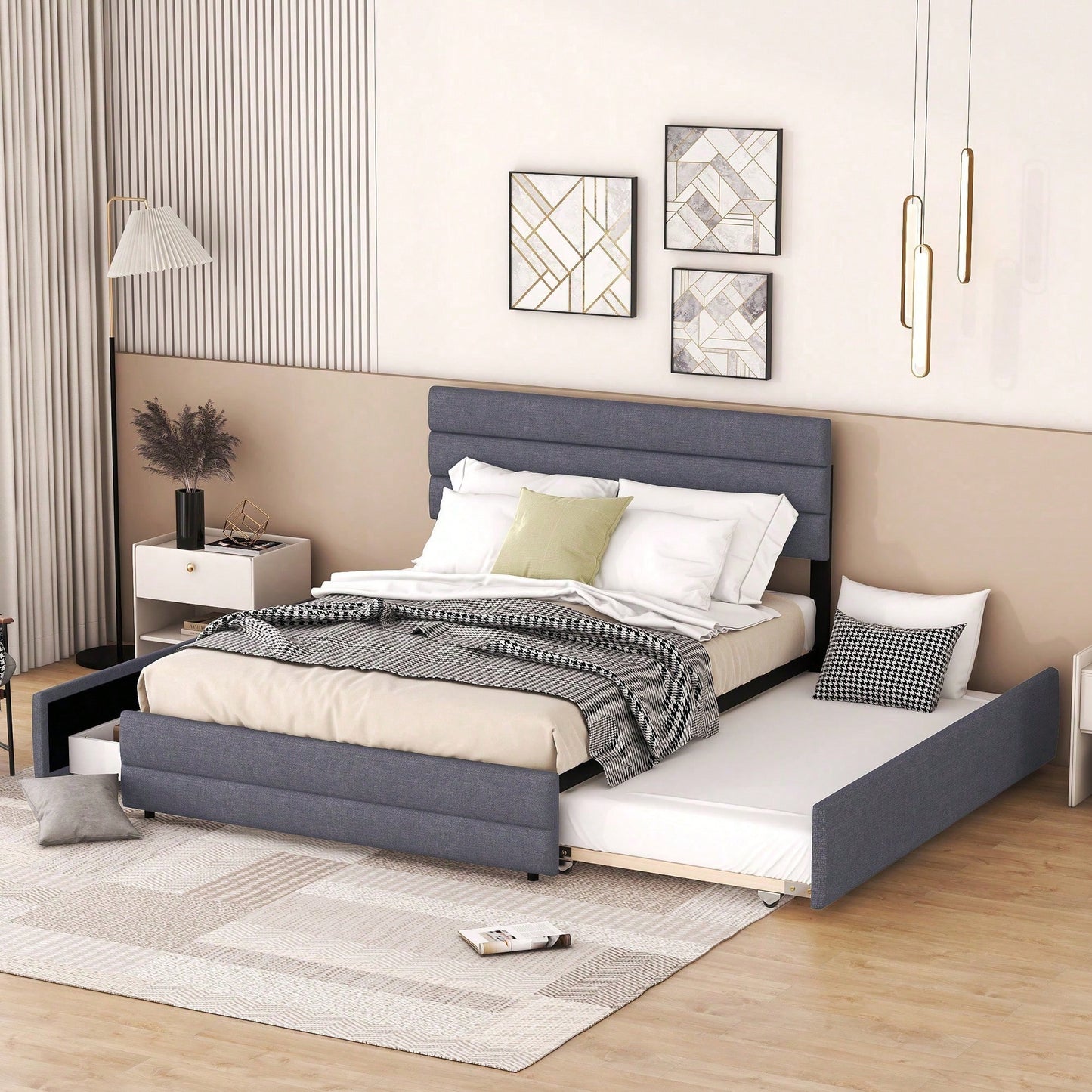 140 x 200 Plattformbett mit Räummaschine für zwei Personen und zwei Schubladen, Grau