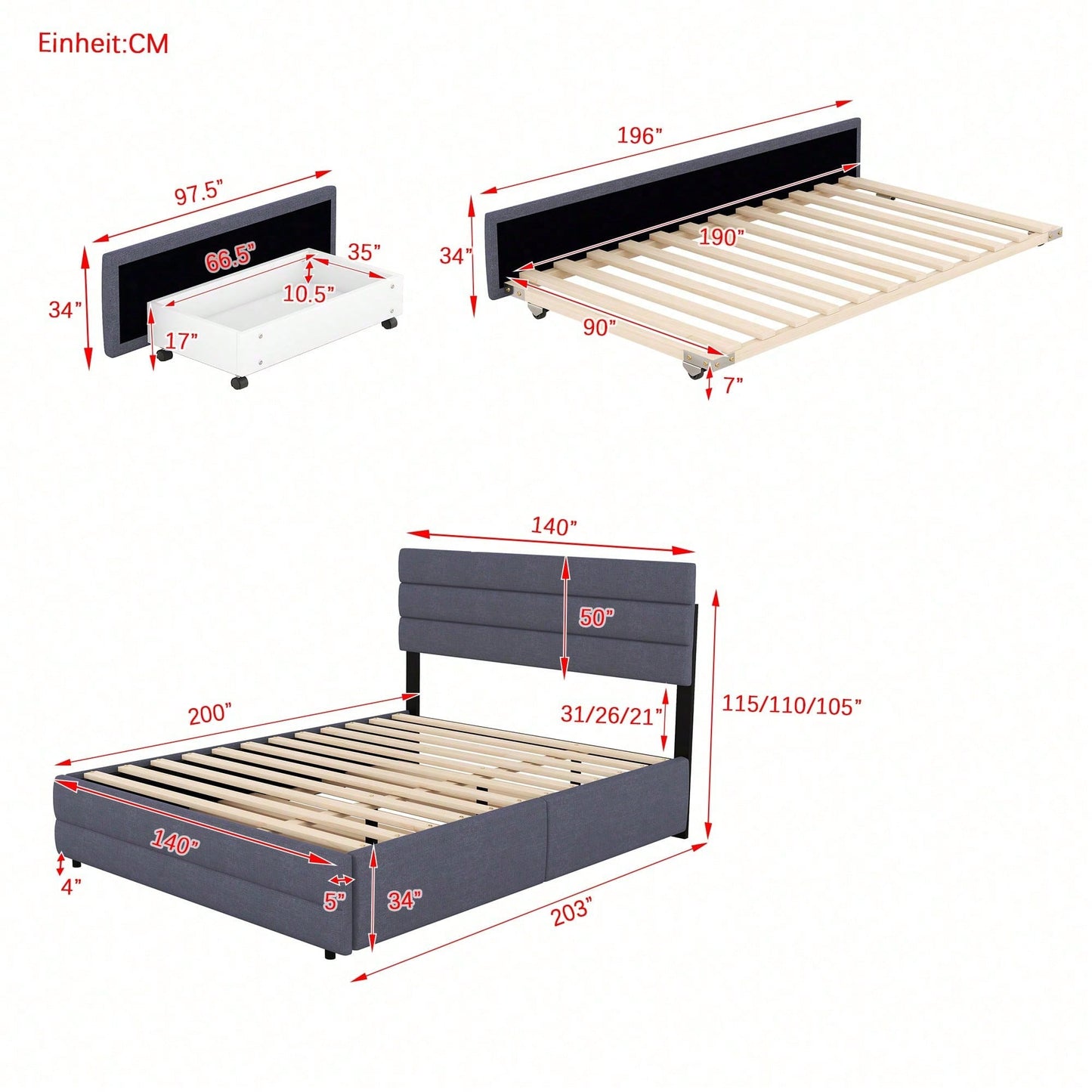 140 x 200 Plattformbett mit Räummaschine für zwei Personen und zwei Schubladen, Grau