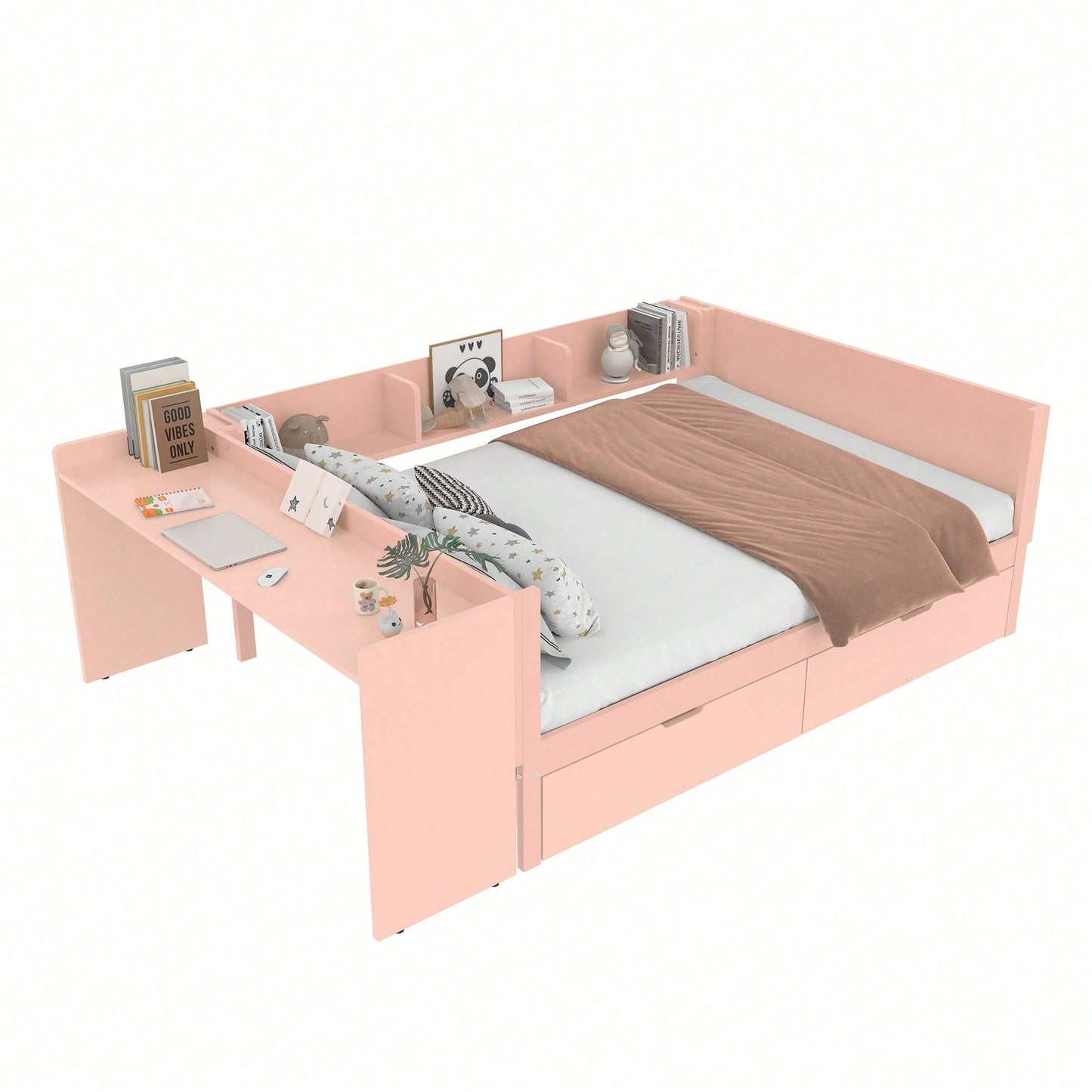 Flachbett, Holzbett, 140x200cm, mit Schreibtisch, ausgestattet mit 2 Schubladen, Doppelbett(Ohne Matratze), mit Regalen, Kiefer + Spanplatte, Rosa
