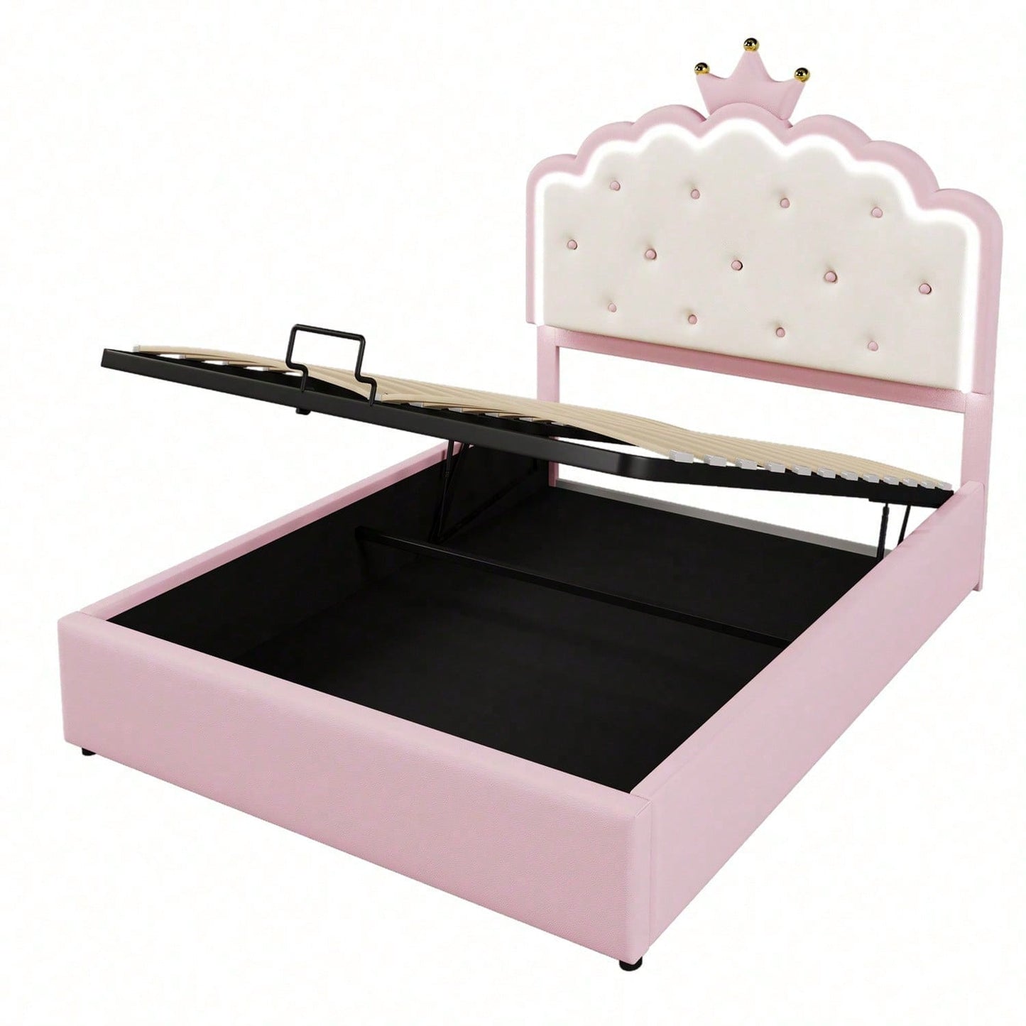Polsterbett, 140 x 200 cm, mit Lattenrost (ohne Matratze), Ferngesteuertes Ambientelicht, Kronprinzessinnenform, Hydraulischer Stauraum, Material PU, Rosa