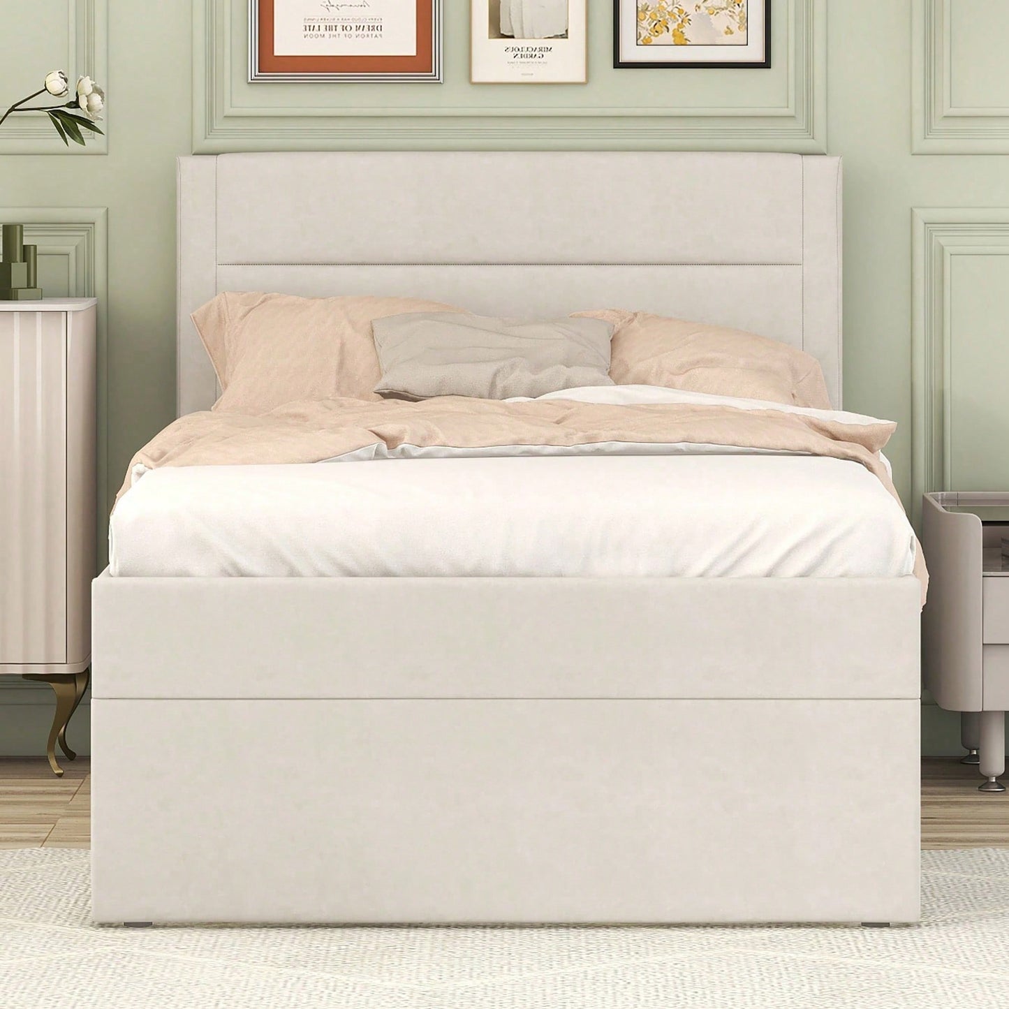 Polsterbett, 90 x 200, Einzelbett mit Lattenrost aus Metallrahmen, Großer Stauraum, Ohne Matratze, Beige, 200x90cm.