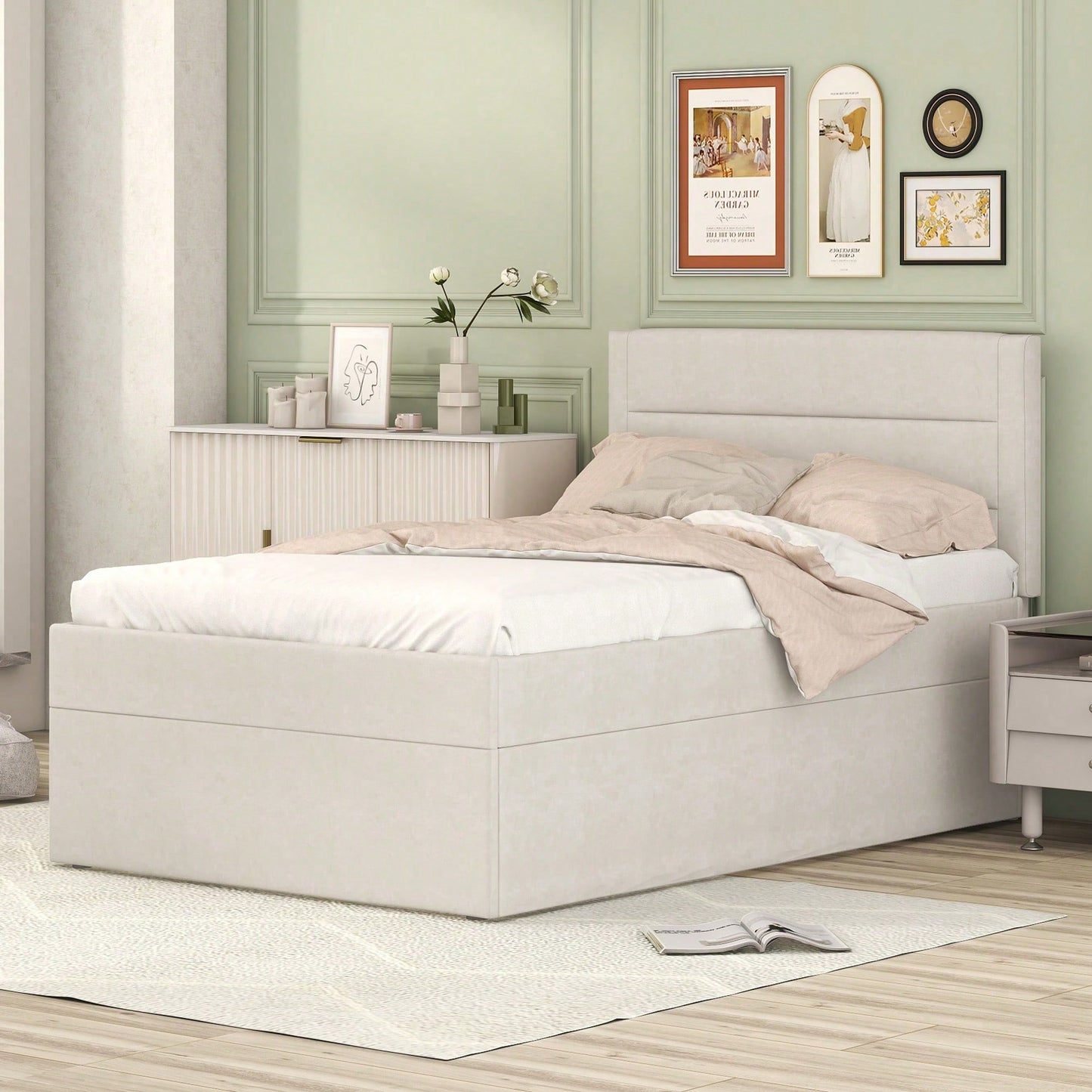 Polsterbett, 90 x 200, Einzelbett mit Lattenrost aus Metallrahmen, Großer Stauraum, Ohne Matratze, Beige, 200x90cm.