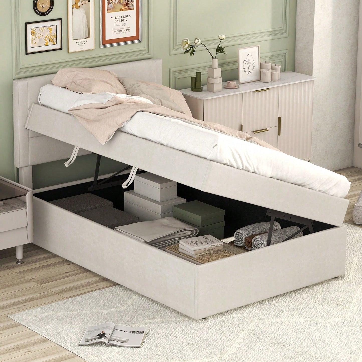 Polsterbett, 90 x 200, Einzelbett mit Lattenrost aus Metallrahmen, Großer Stauraum, Ohne Matratze, Beige, 200x90cm.