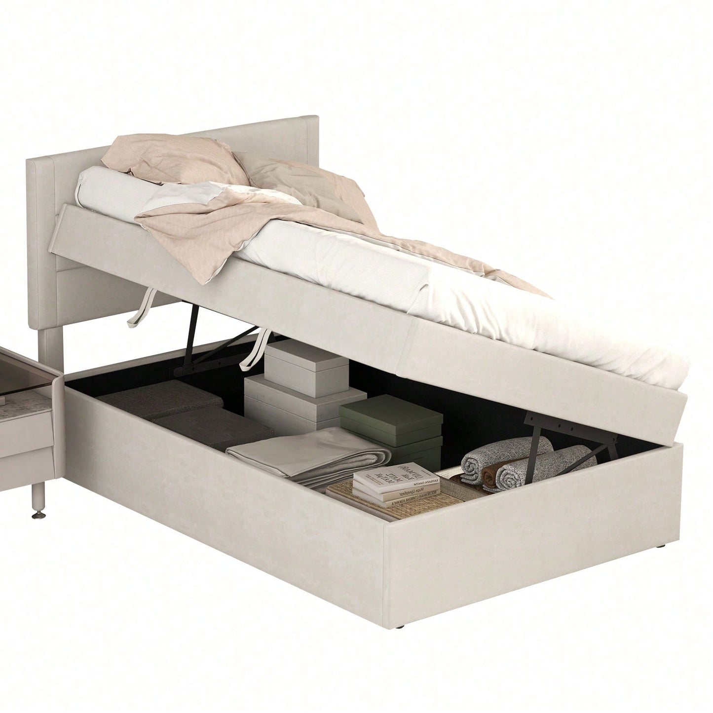 Polsterbett, 90 x 200, Einzelbett mit Lattenrost aus Metallrahmen, Großer Stauraum, Ohne Matratze, Beige, 200x90cm.