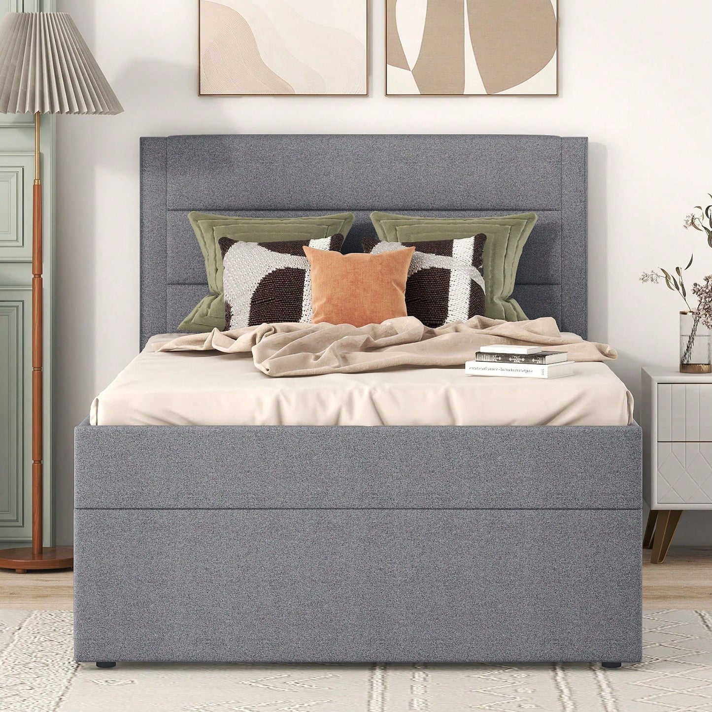 Polsterbett, 90 x 200, Einzelbett mit Lattenrost aus Metallrahmen, Großer Stauraum, Ohne Matratze, Beige, 200x90cm.