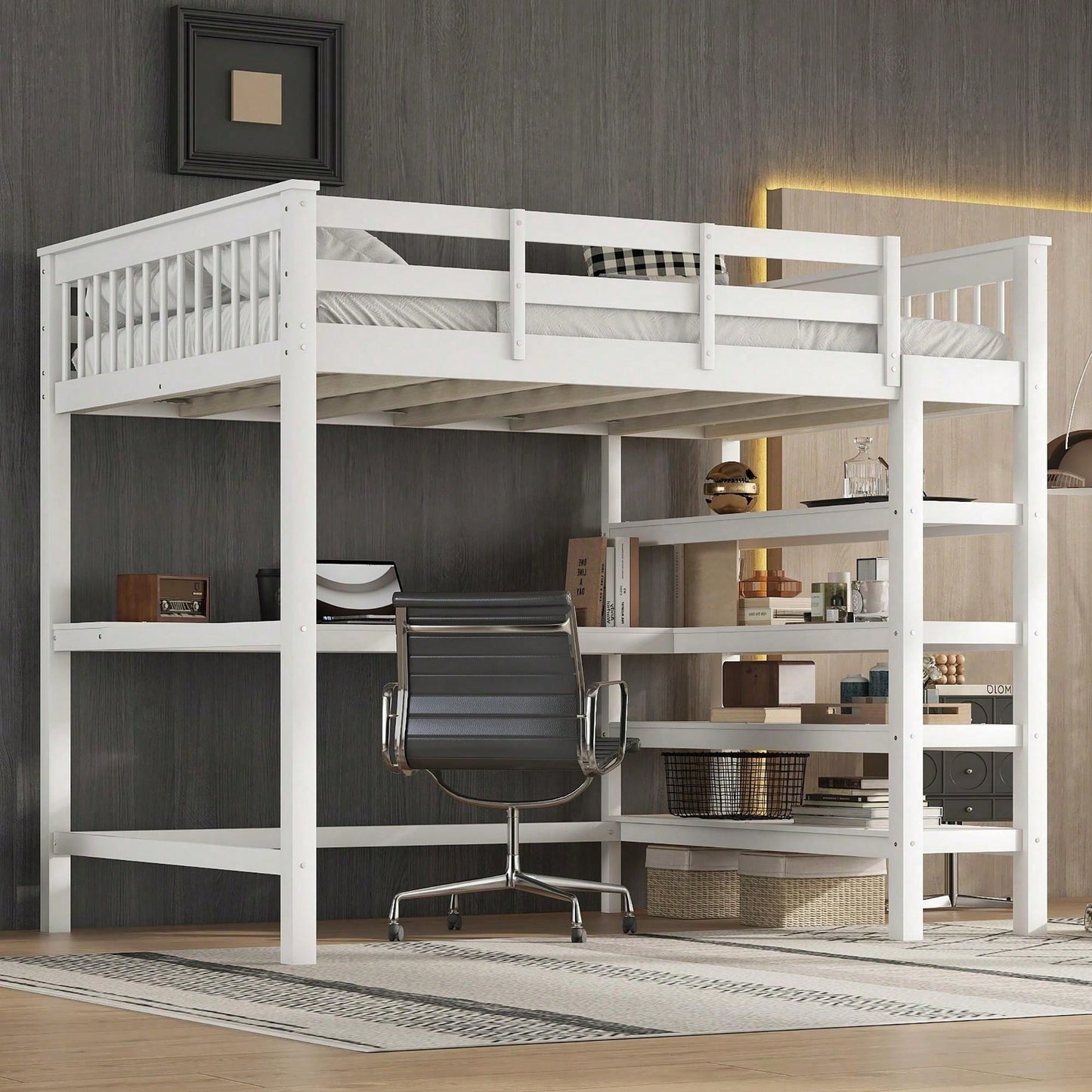 Hochbett, 140 x 200 ,Kinderhochbett mit Ablagefächern und Unterbettschreibtisch,Ohne Matratze, Grau