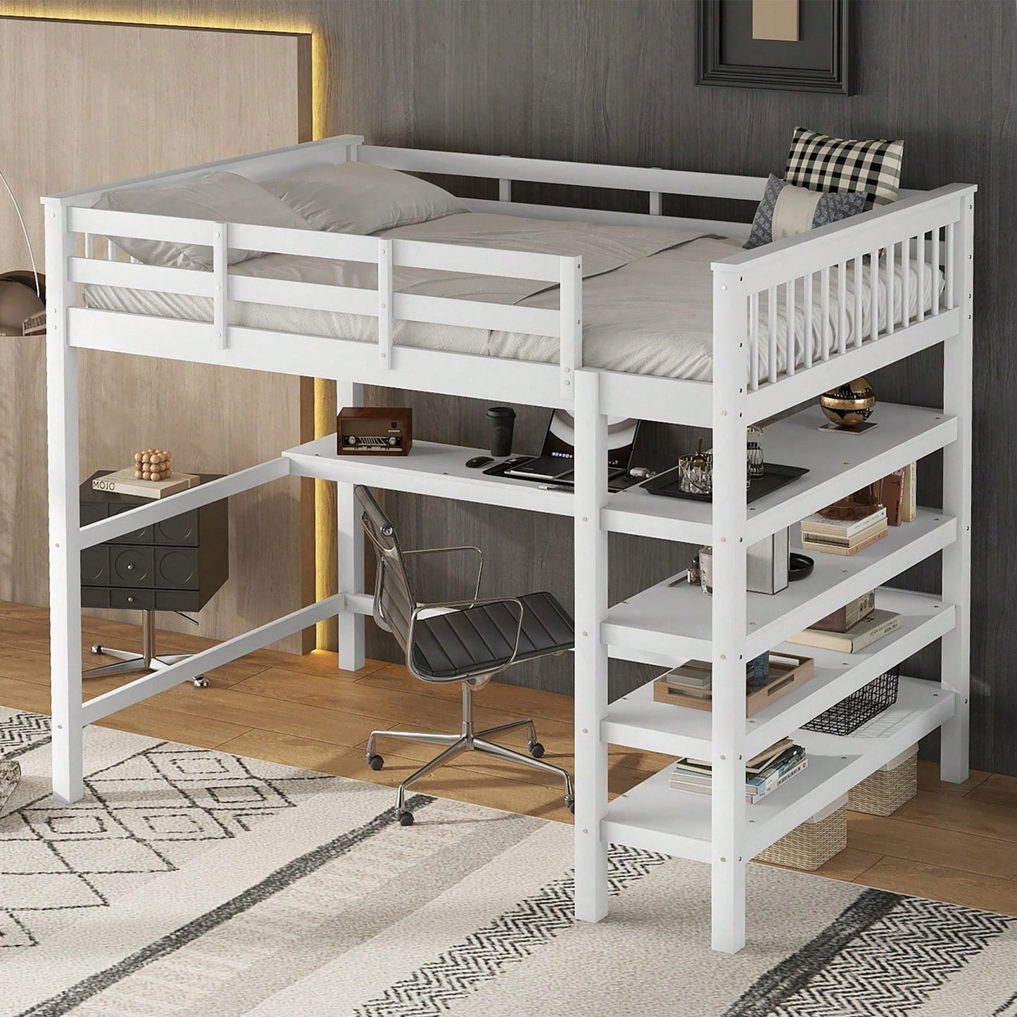 Hochbett, 140 x 200 ,Kinderhochbett mit Ablagefächern und Unterbettschreibtisch,Ohne Matratze, Grau