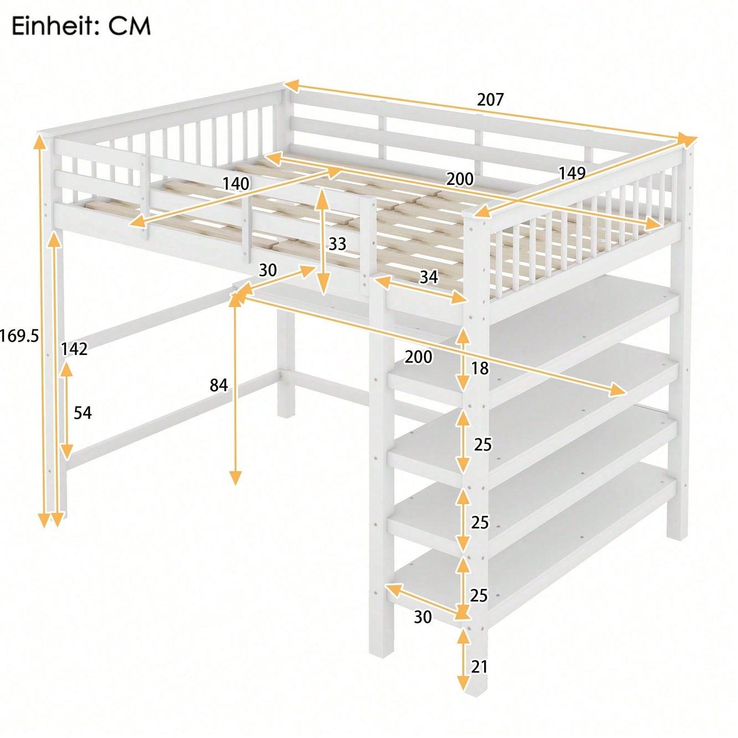 Hochbett, 140 x 200 ,Kinderhochbett mit Ablagefächern und Unterbettschreibtisch,Ohne Matratze, Grau