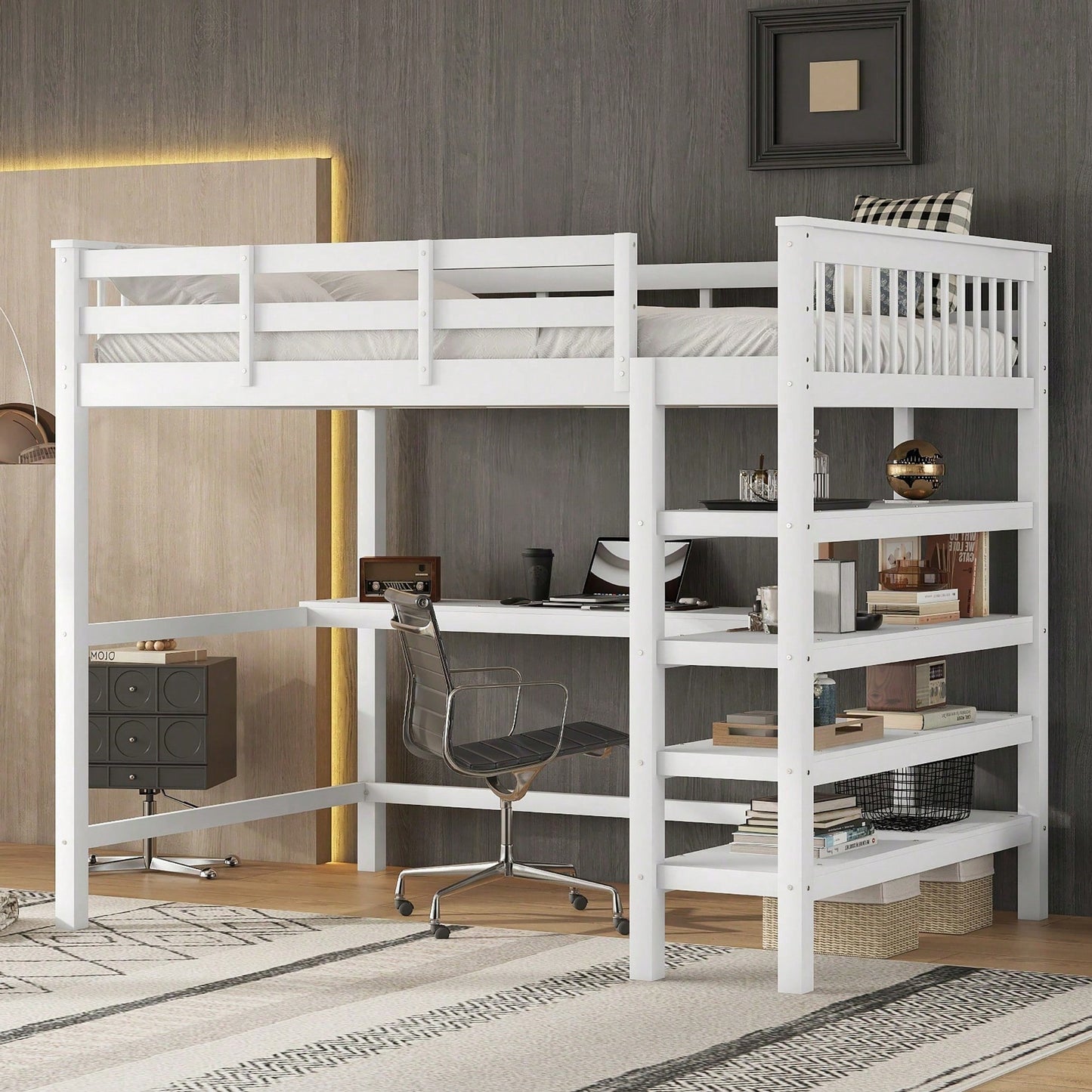 Hochbett, 140 x 200 ,Kinderhochbett mit Ablagefächern und Unterbettschreibtisch,Ohne Matratze, Grau