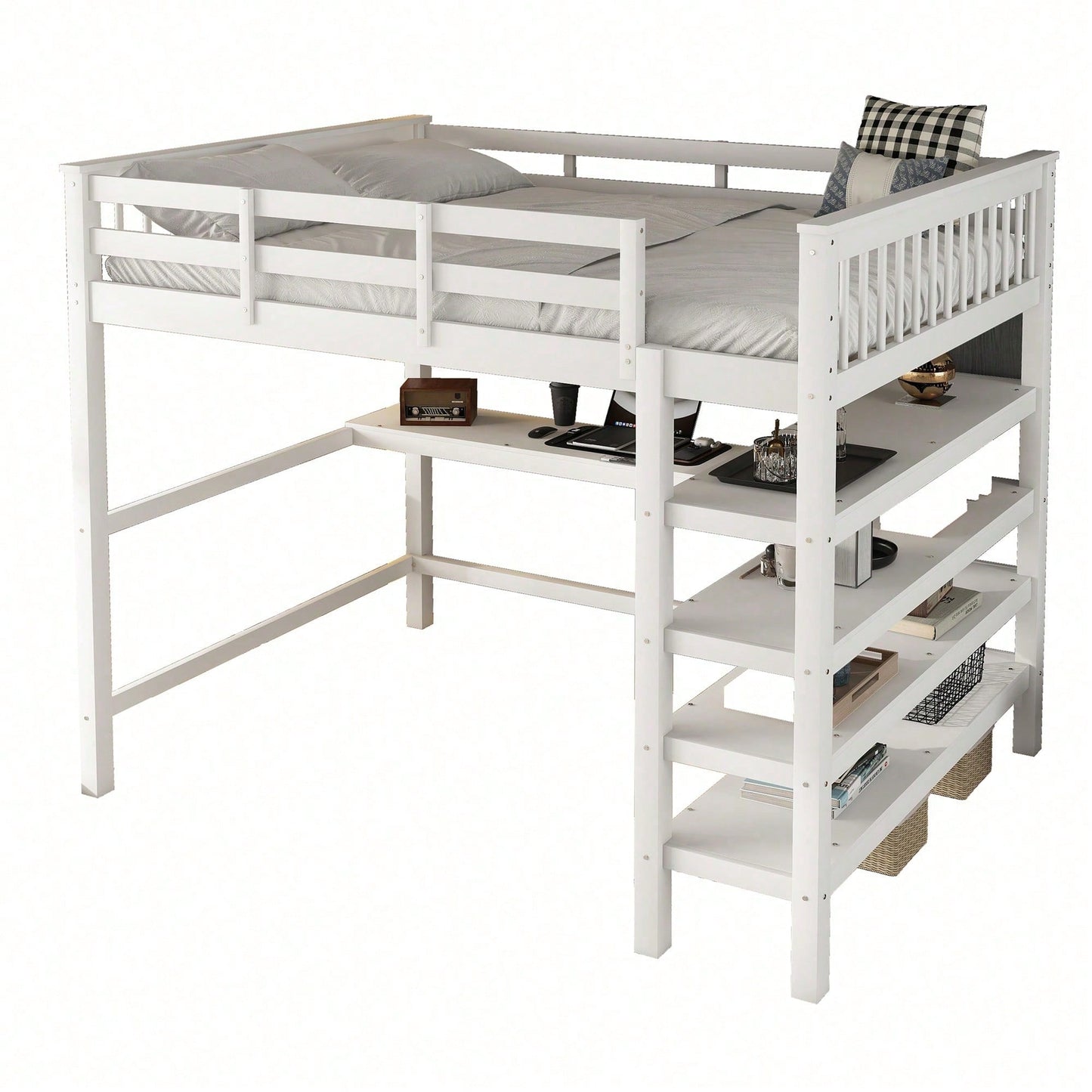 Hochbett, 140 x 200 ,Kinderhochbett mit Ablagefächern und Unterbettschreibtisch,Ohne Matratze, Grau