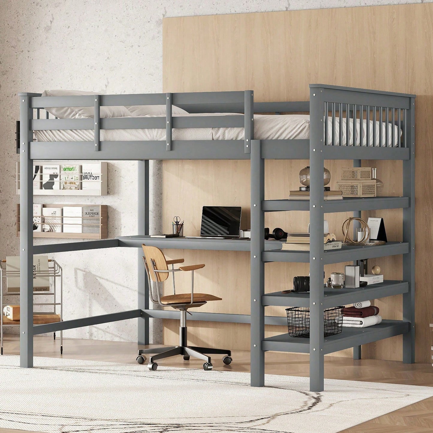 Hochbett, 140 x 200 ,Kinderhochbett mit Ablagefächern und Unterbettschreibtisch,Ohne Matratze, Grau