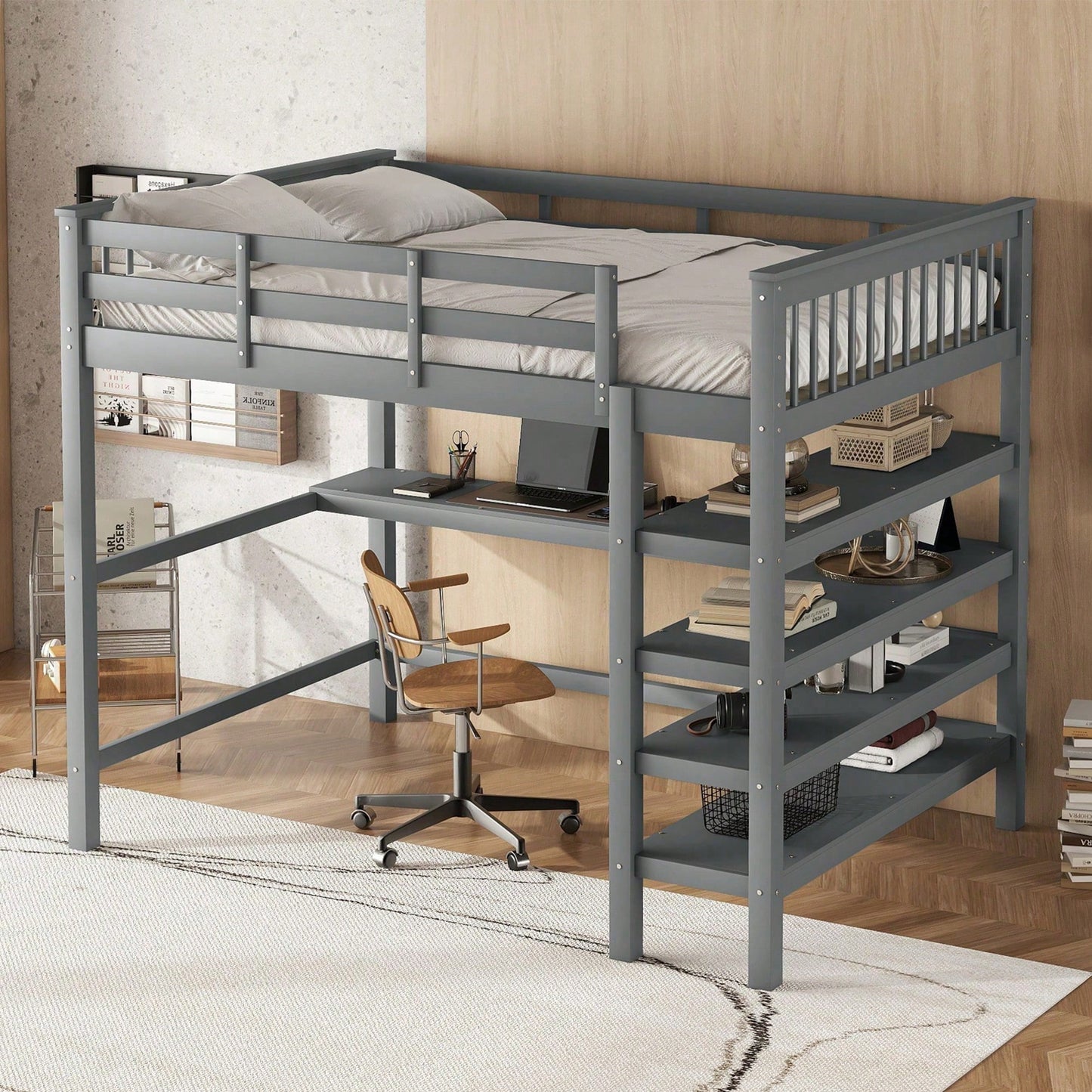 Hochbett, 140 x 200 ,Kinderhochbett mit Ablagefächern und Unterbettschreibtisch,Ohne Matratze, Grau