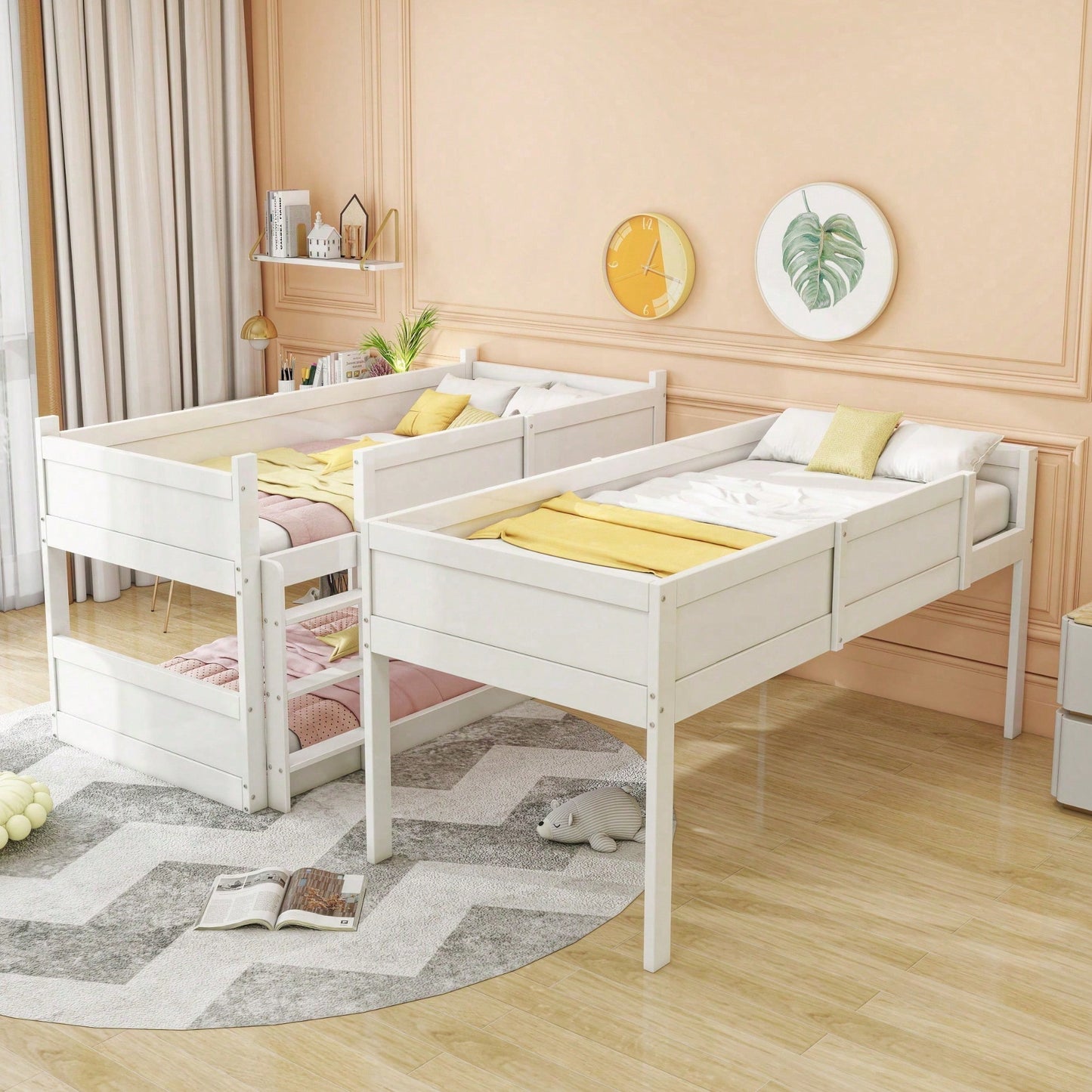Dreibettzimmerbett 90*200 cm, Massivholzlatten, Hochbett, hohes Zaundesign, Kinderbett, Holzbett, weiß