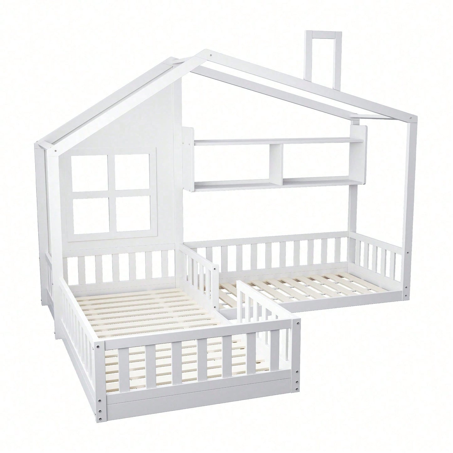 Kinderbett 90x200 cm (140x70 cm) Mit Fenster und Schornstein in Form eines Hauses Mit Regalen, Raumhoher Massivholz-Bettkasten Mit Sicherheitsgitter und Lattenrost, Holzfarbe