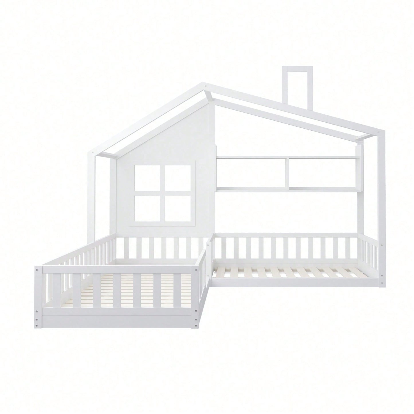 Kinderbett 90x200 cm (140x70 cm) Mit Fenster und Schornstein in Form eines Hauses Mit Regalen, Raumhoher Massivholz-Bettkasten Mit Sicherheitsgitter und Lattenrost, Holzfarbe