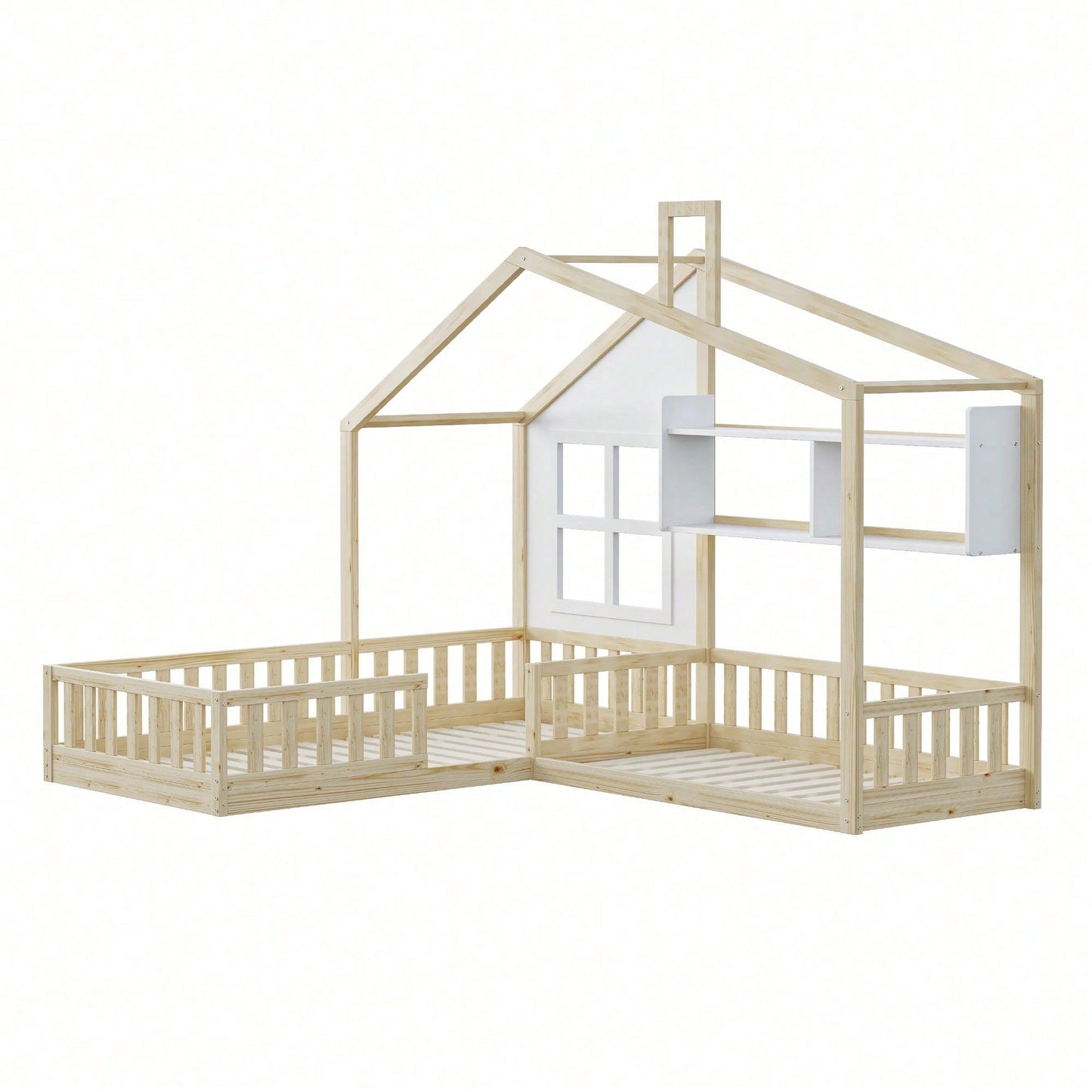 Kinderbett 90x200 cm (140x70 cm) Mit Fenster und Schornstein in Form eines Hauses Mit Regalen, Raumhoher Massivholz-Bettkasten Mit Sicherheitsgitter und Lattenrost, Holzfarbe