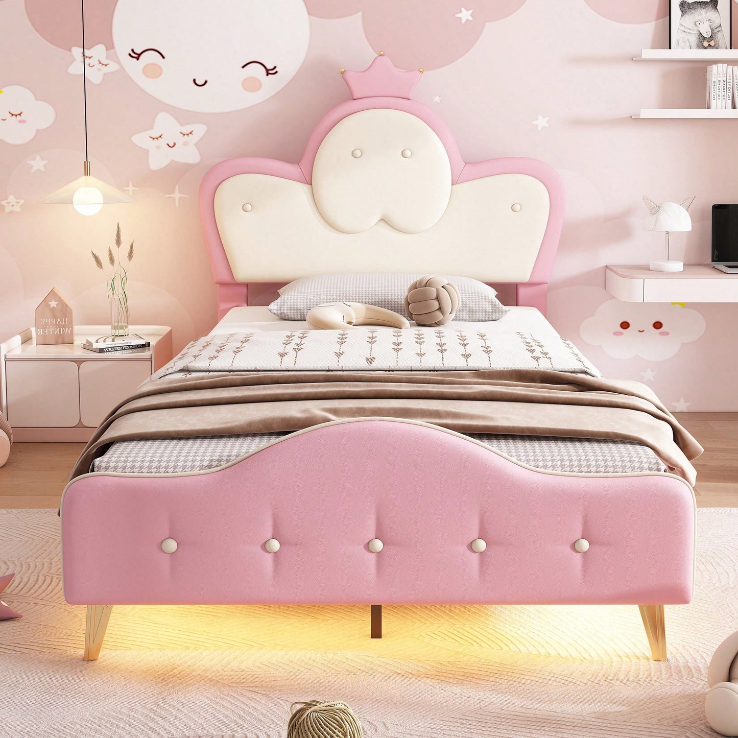 Polsterbett, Kinderbett, mit weichen Schutzkanten, Monochromer LED-Streifen, Kopfteil mit Krone, ohne Matratze, Bettfüße aus Metall, Wellenform mit Zugpunkt am Kopfende des Bettes, Einzelbett, PU, Rosa+Weiß,90x200CM