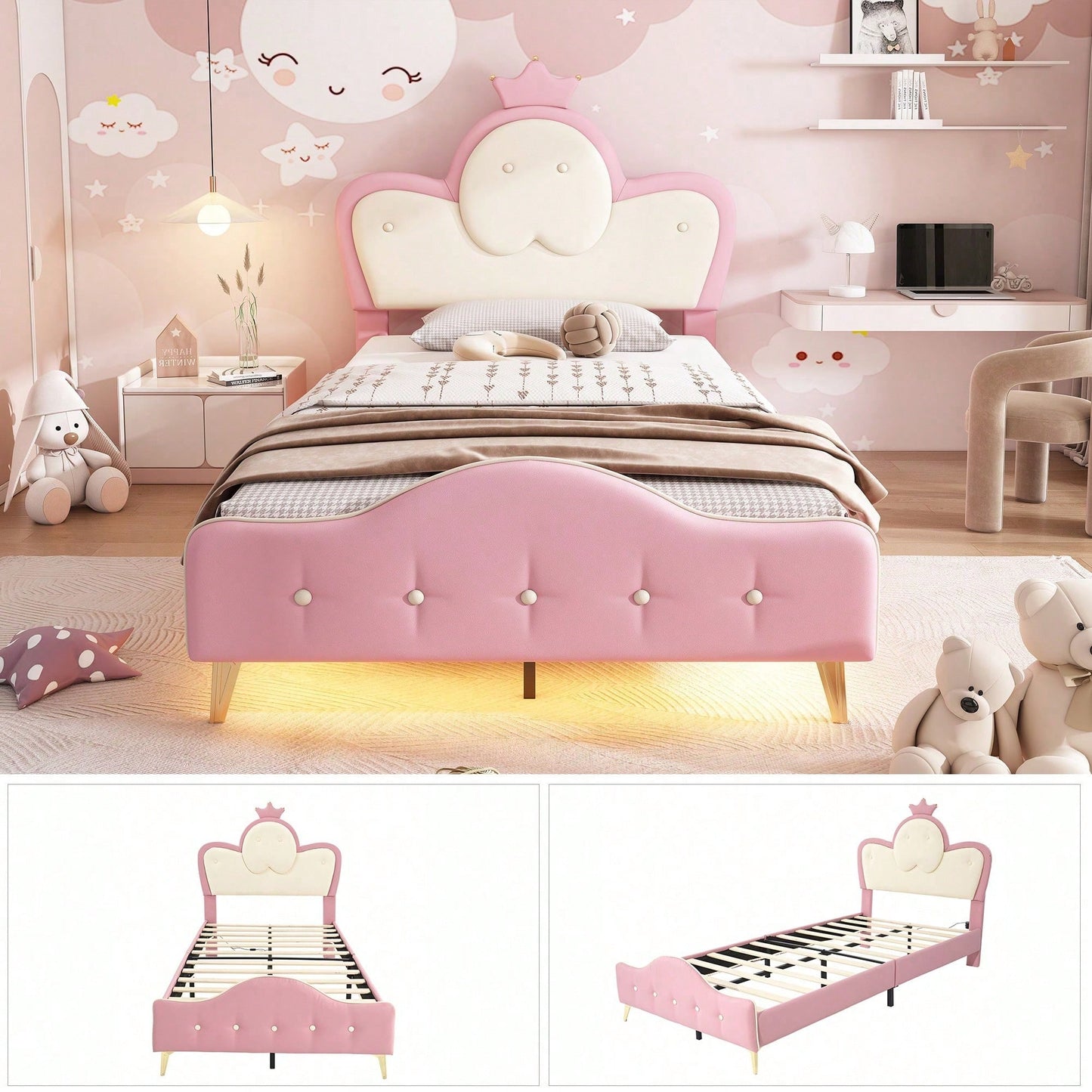 Polsterbett, Kinderbett, mit weichen Schutzkanten, Monochromer LED-Streifen, Kopfteil mit Krone, ohne Matratze, Bettfüße aus Metall, Wellenform mit Zugpunkt am Kopfende des Bettes, Einzelbett, PU, Rosa+Weiß,90x200CM