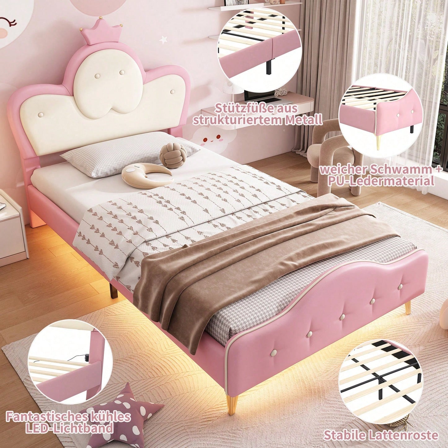 Polsterbett, Kinderbett, mit weichen Schutzkanten, Monochromer LED-Streifen, Kopfteil mit Krone, ohne Matratze, Bettfüße aus Metall, Wellenform mit Zugpunkt am Kopfende des Bettes, Einzelbett, PU, Rosa+Weiß,90x200CM
