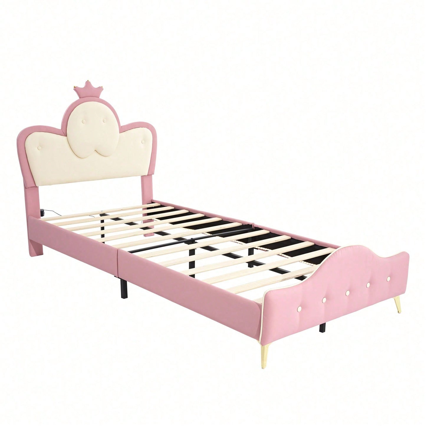 Polsterbett, Kinderbett, mit weichen Schutzkanten, Monochromer LED-Streifen, Kopfteil mit Krone, ohne Matratze, Bettfüße aus Metall, Wellenform mit Zugpunkt am Kopfende des Bettes, Einzelbett, PU, Rosa+Weiß,90x200CM