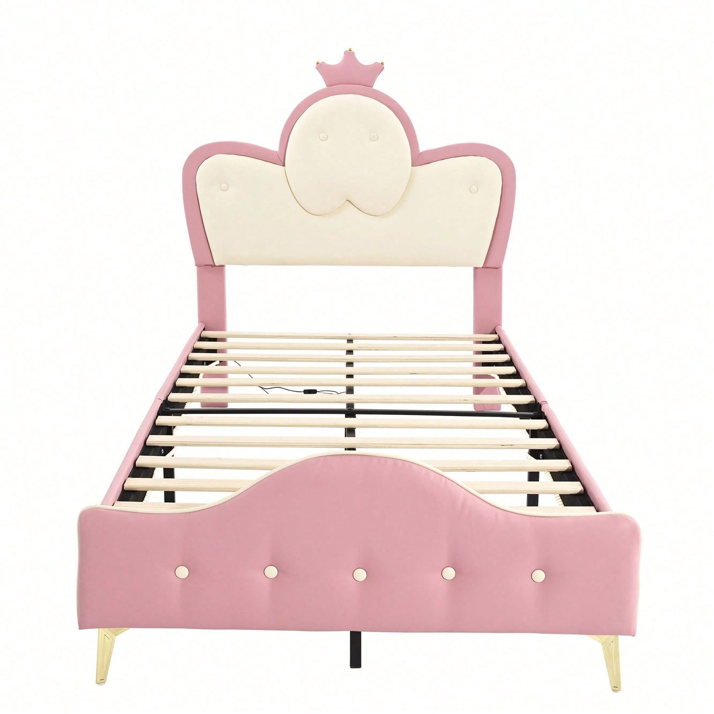 Polsterbett, Kinderbett, mit weichen Schutzkanten, Monochromer LED-Streifen, Kopfteil mit Krone, ohne Matratze, Bettfüße aus Metall, Wellenform mit Zugpunkt am Kopfende des Bettes, Einzelbett, PU, Rosa+Weiß,90x200CM