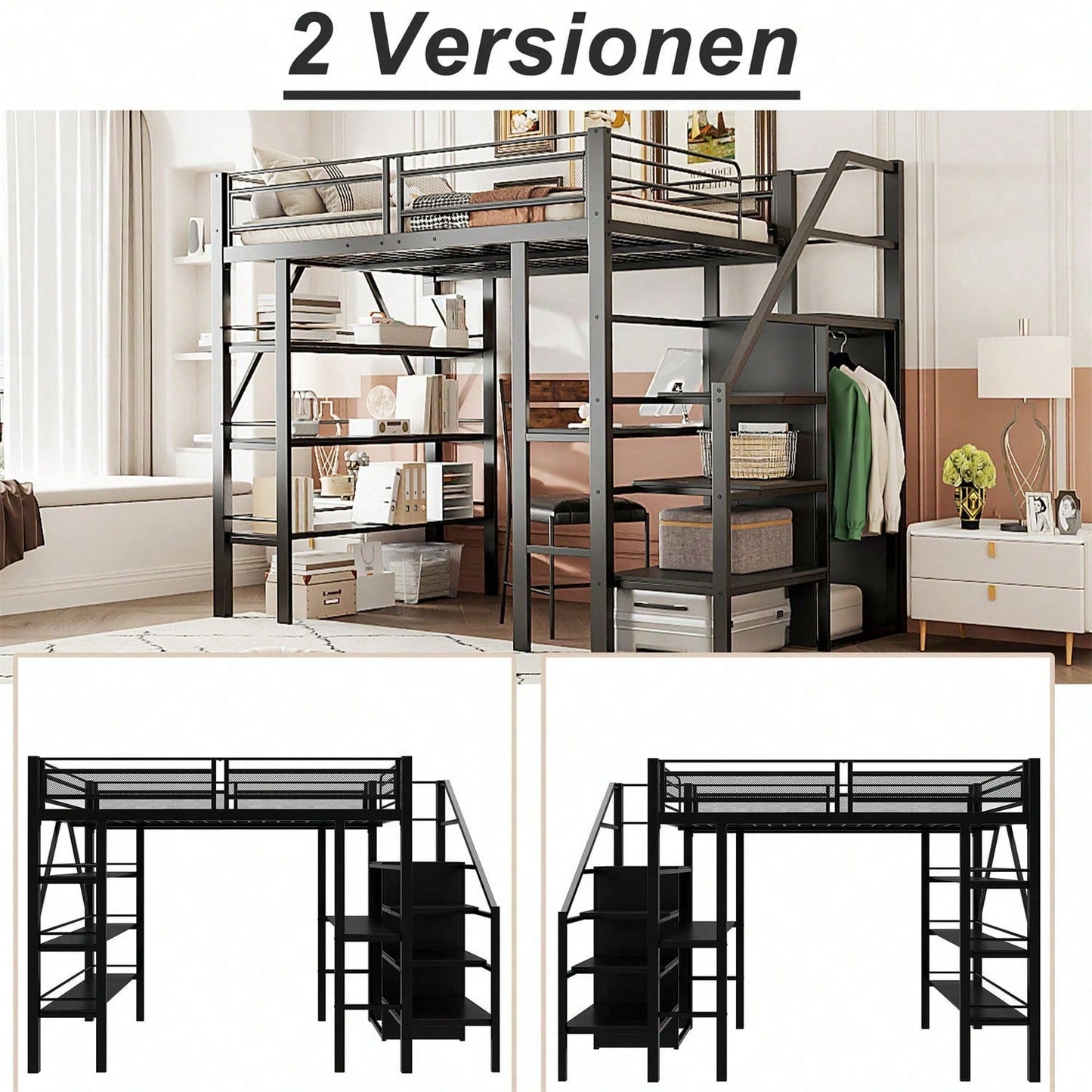 Hochbett 140*200cm, dreilagiges Ablageregal, Schreibtisch, Kleiderschrank, Sicherheitsstufen mit Ablagefach, hohes Zaundesign, Eisenbett, Einzelbett, Weiß