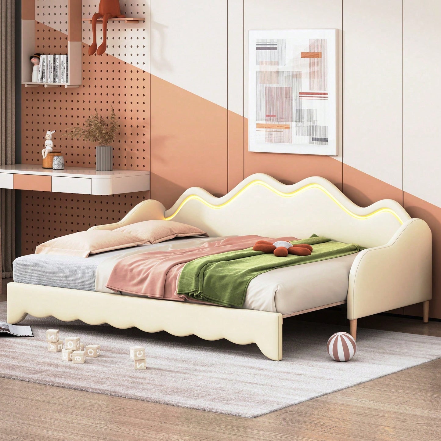Polsterbett 90(180)*190cm, 2-in-1 Multifunktions-Schlafsofa, Kinderbett aus Kunstleder mit LED-Beleuchtung, mit Lattenrost, Grau